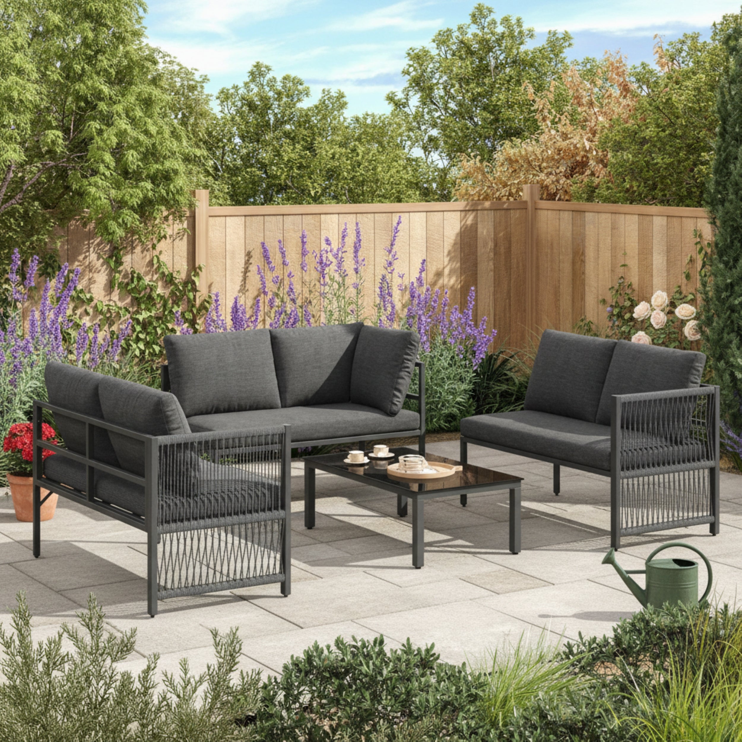 5-6 Seater Garden Furniture Set with Tempered Glass Coffee Table, L-Shaped Corner Sofa with Polyester Rope, Weatherproof Outdoor Patio Dining Lounge Set for Balcony and Terrace, Linen, Grey
