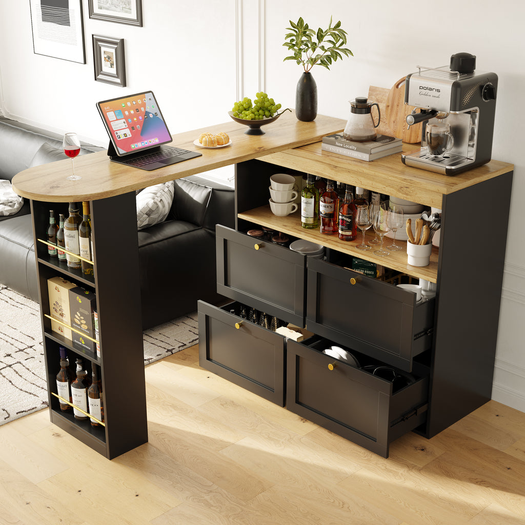 360° Swivelling Bar Table (Main Body 105 x 39 x 102 cm), with 4 Drawers and Open Shelves, Suitable for Dining Room/Study/Living room etc.