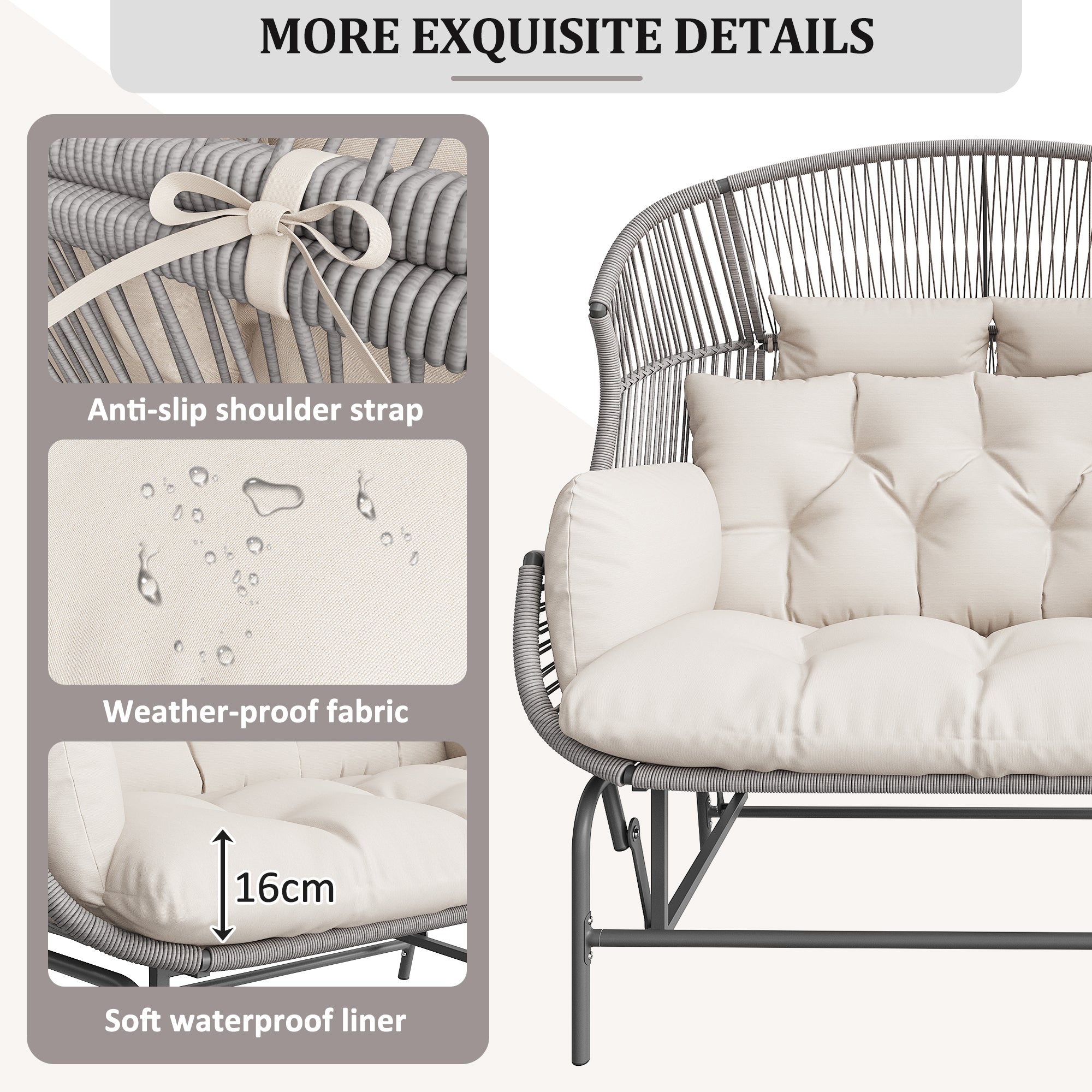 Garden Rocking Chair for Two, Patio Hanging Chair, Outdoor Swing Egg Chair, Rocking Chair, Garden Swing, Porch Swing for the Garden, Balcony, or Terrace, Gray