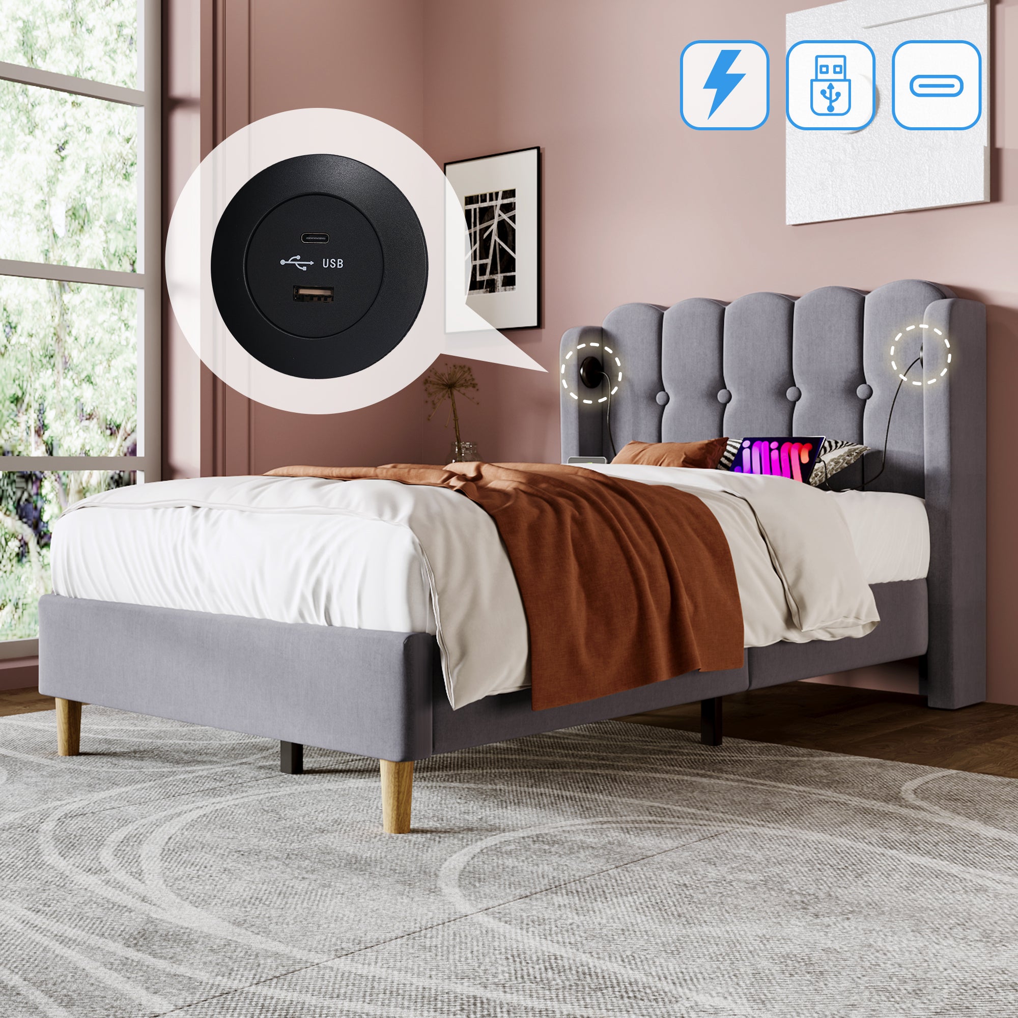 Upholstered Single Bed with USB and Type-C Charging, Bed Frame with Wooden Slatted Frame, Teenager Bed for Bedroom & Guest Room, 3ft 90 x 190 cm Bed Frame, Grey, Linen Material (No Mattress).