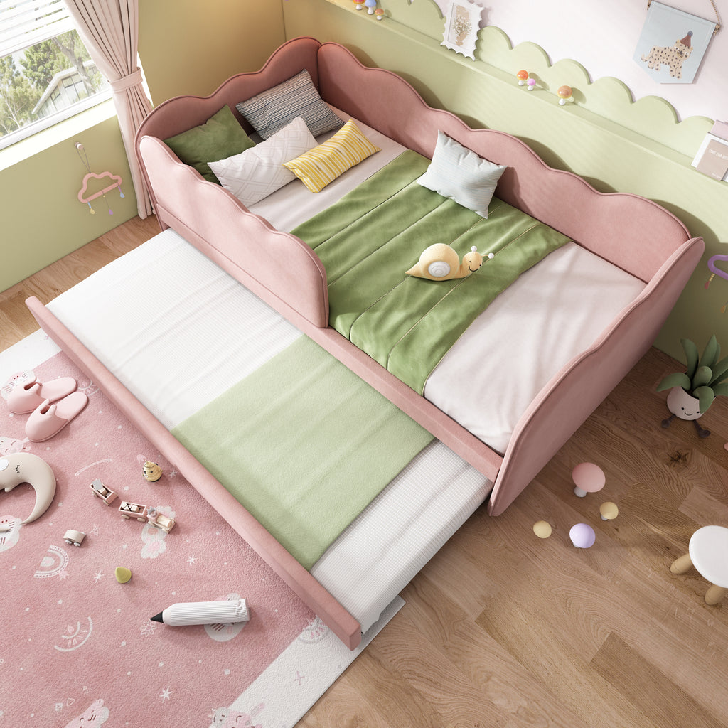 Upholstered Bed Daybed 90 x 190 cm, 3FT Single Bed with Pull out Trundle, Sofa Bed For Adults and Children, Single Daybed With Slatted Frame, Velvet, Pink (No Mattress)