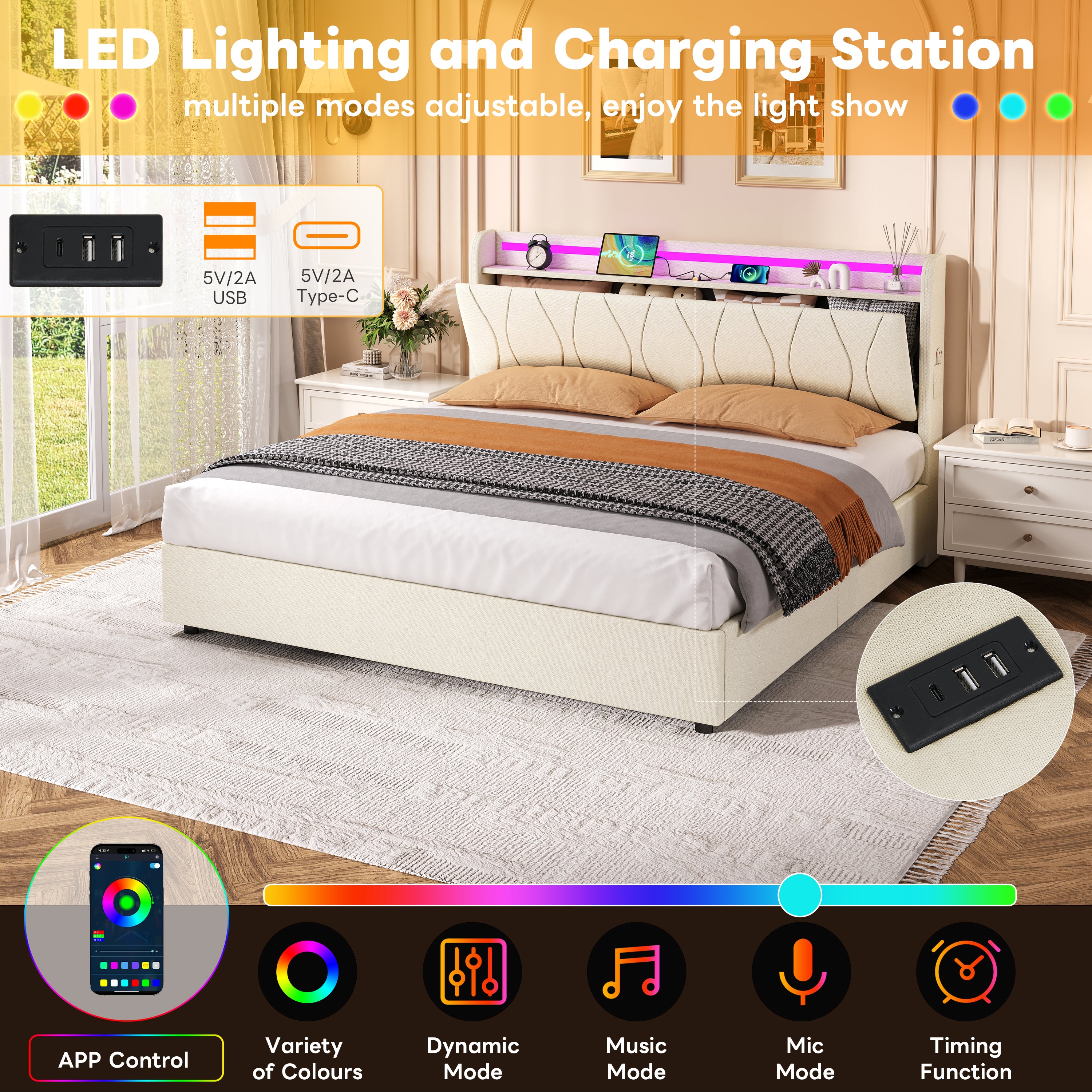 5ft King Upholstered Bed Frame with Hydraulic Storage, LED Headboard with Charging Station and Concealed Headboard Storage, USB and Type - C Ports, Linen, No Box Spring Needed, Beige (No Mattress)