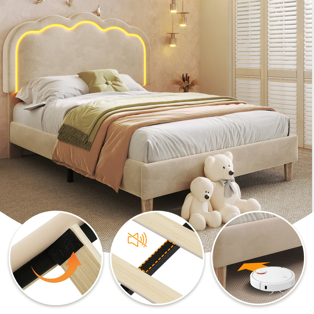Upholstered Bed, 3ft 90x190cm Single Bed with LED, Bed Frame with Wooden Slats and Adjustable Height Headboard, Teen Bed for Bedroom and Guest Room, Beige, Velvet Material, Without Mattress.