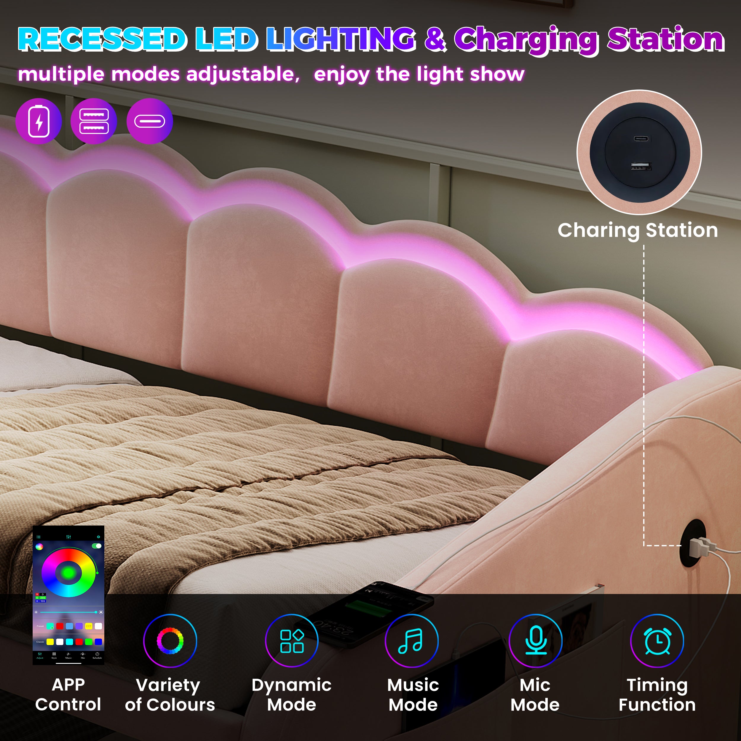 Upholstered Bed 90x190cm, Daybed, RGB LED Sofa Bed with Charging Station, 3ft Petal Shape Single Bed with Hydraulic Storage for Living Room/ Bedroom/ Study Room, Velvet, Pink (No Mattress)