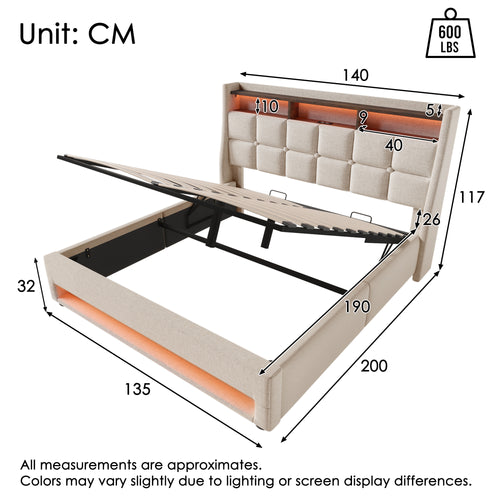 Upholstered Double Bed 135 x 190 cm with LED Lighting, USB Type-C Charging Function, Storage Headboard, 4FT6 Double Bed Storage Bed Frame with Metal Slatted Frame, Linen, Beige (No Mattress)