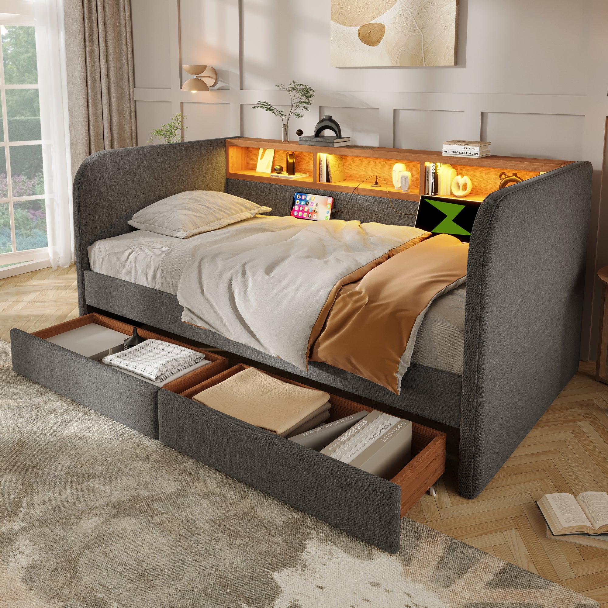 Upholstered Daybed with Headboard Storage, 90 x 190 cm Single Sofa Bed with LED and USB Type-C Reading Light, 3FT Daybed with 2 Drawers, Linen, Grey (Without Mattress)