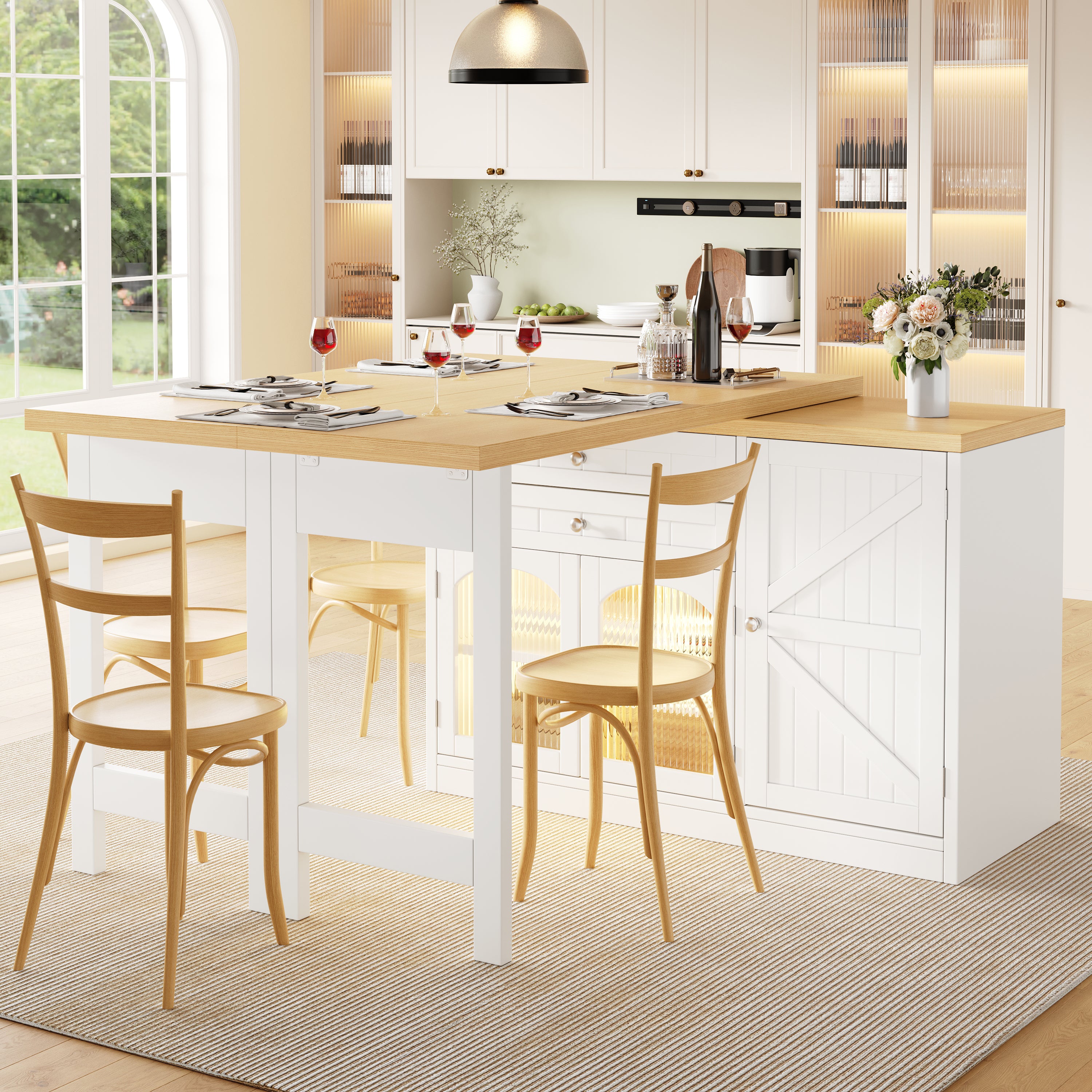 Extendable kitchen island dining table 120–194cm, 360° rotating tabletop, with glass doors, drawers & door snack shelves, white