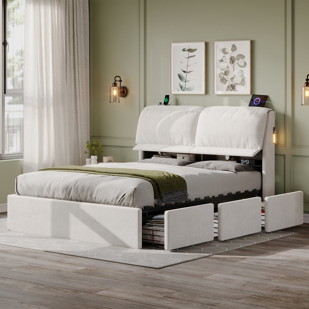 5ft King Bed with Hydraulic Storage, Velvet Upholstered Bed with Headboard Flip-top Storage and Drawers, Back Cushion Headboard with Charging Station and LED Night Light, Cream White (No Mattress)