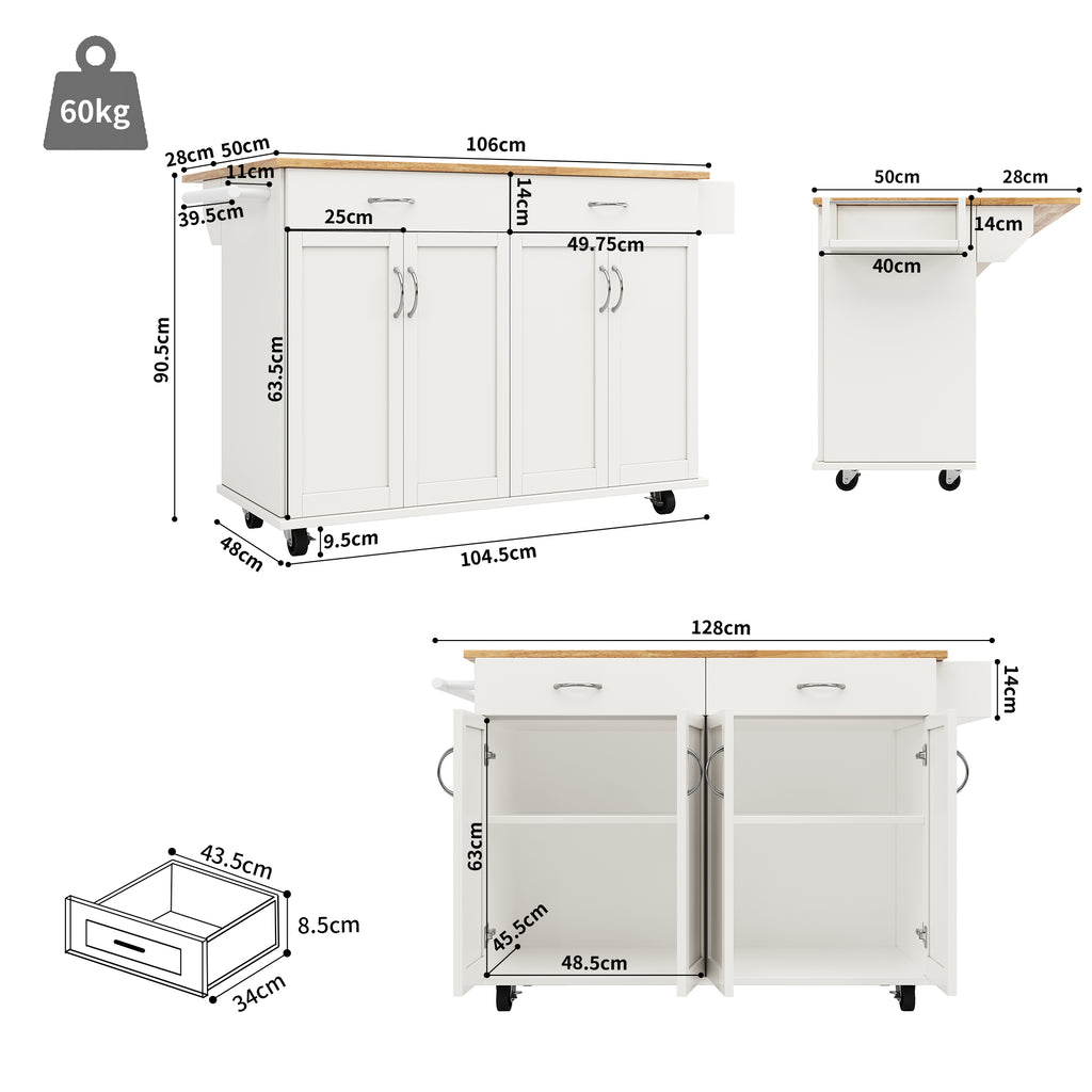 Rolling Kitchen Island Storage Trolley with Large Cabinet, 2 Drawers, Adjustable Shelf, Spice&Towel Rack, Sideboard Cupboard Cabinet Cart, Dining Room Organiser , White