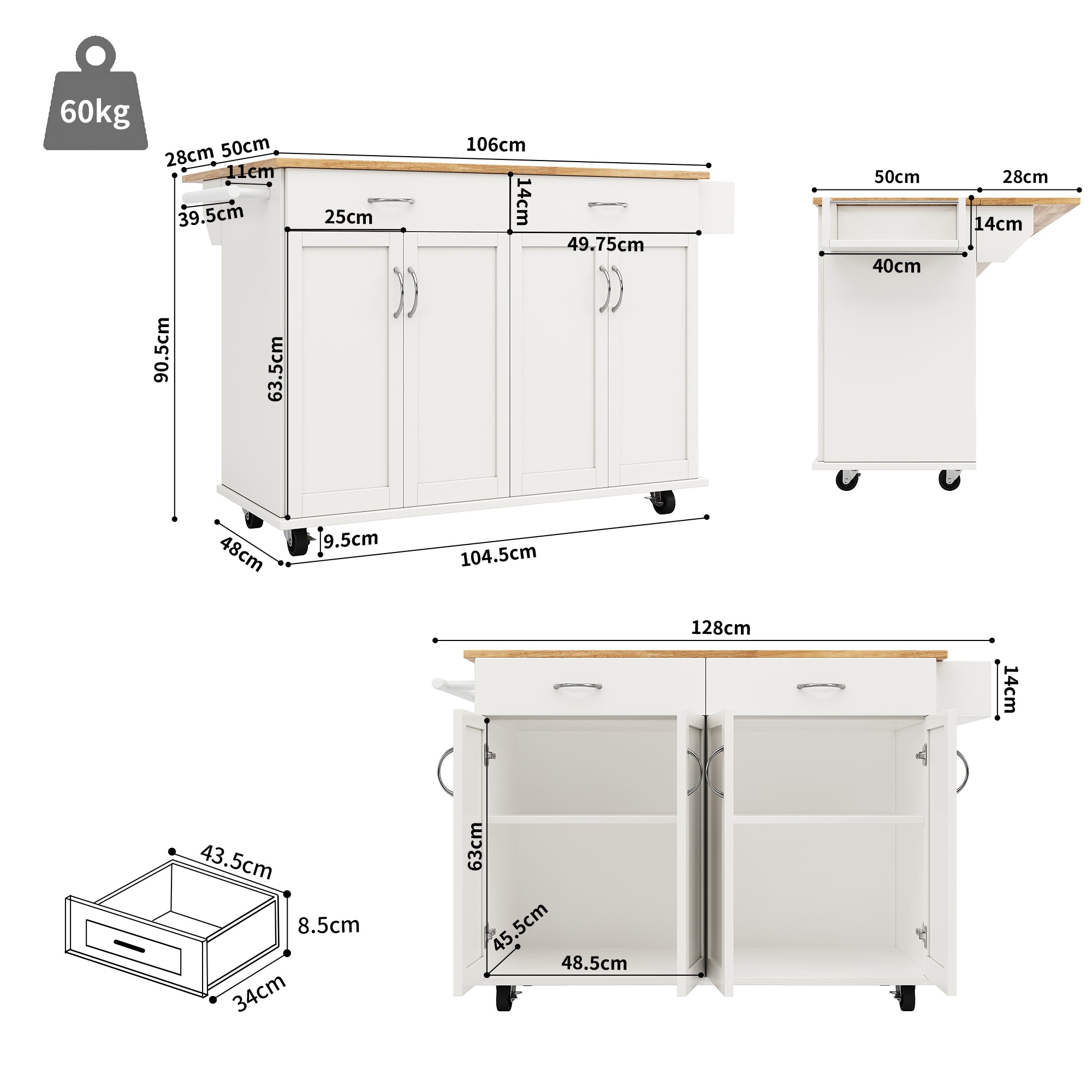 Rolling Kitchen Island Storage Trolley with Large Cabinet, 2 Drawers, Adjustable Shelf, Spice&Towel Rack, Sideboard Cupboard Cabinet Cart, Dining Room Organiser , White