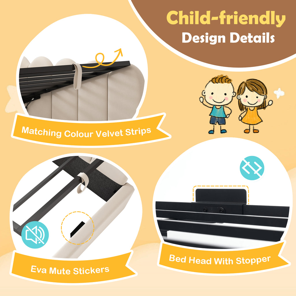 Upholstered Daybed with Hydraulic Storage, 3FT Single Sofa Bed 90 x 190 cm, Crown-shaped Bed Guest Beds for Adults & Children, Velvet, Beige (No Mattress)