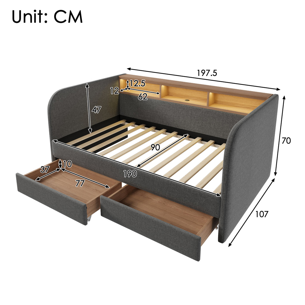 Upholstered Daybed with Headboard Storage, 90 x 190 cm Single Sofa Bed with LED and USB Type-C Reading Light, 3FT Daybed with 2 Drawers, Linen, Grey (Without Mattress)