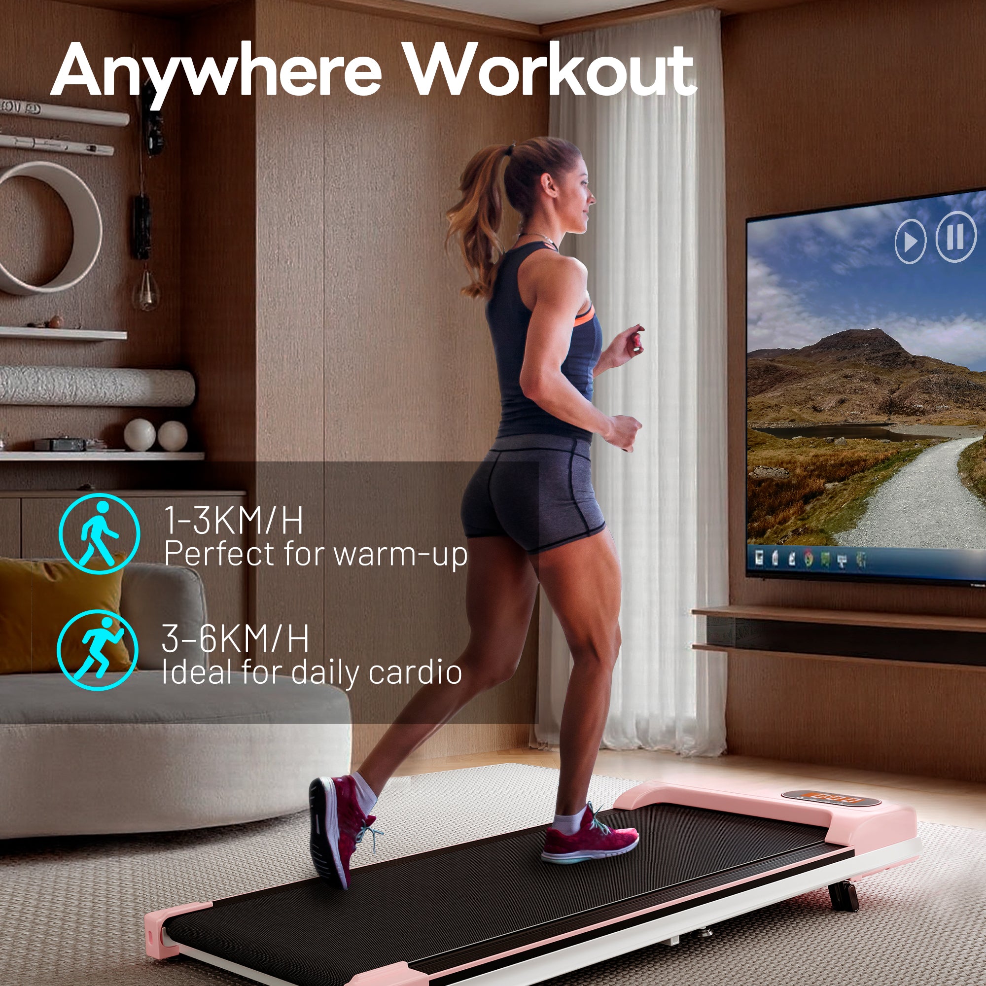 Folding Under Desk Walking Pad Treadmill with Adjustable Incline, 1-6 km/h Low Noise for Home & Office, LED Display, Magnetic Remote Control, Transport Wheels & Plug, Pink.