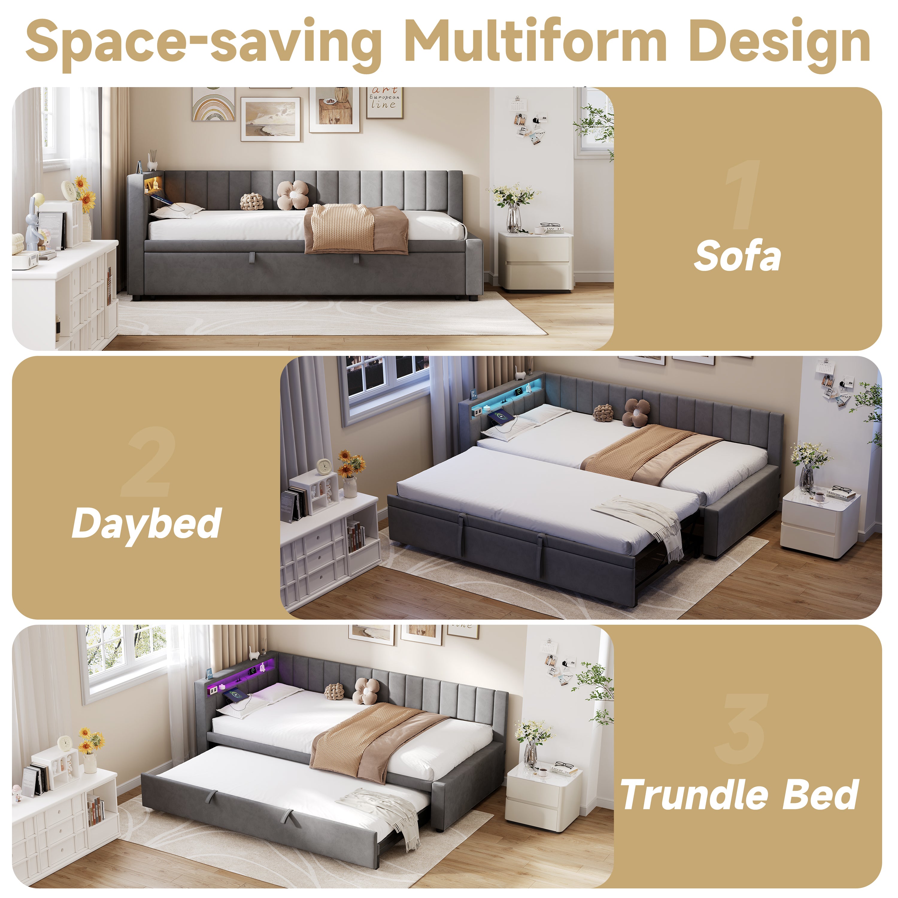 3ft Single Velvet Daybed, Sofa Bed with RGB LED Lights and Charging Station, Upholstered Sofa Bed with Trundle, Pull out Trundle Bed for Living Room, Bedroom or Study, Grey (No Mattress)