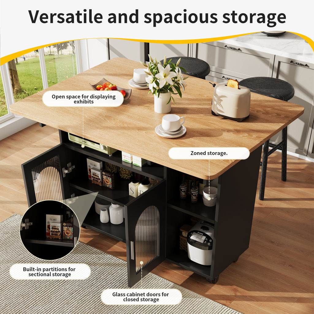 Kitchen island, kitchen cabinet, removable serving trolley, buffet cabinet, dining trolley with wood grain, buffet cabinet, multifunctional dining table with storage space, Black