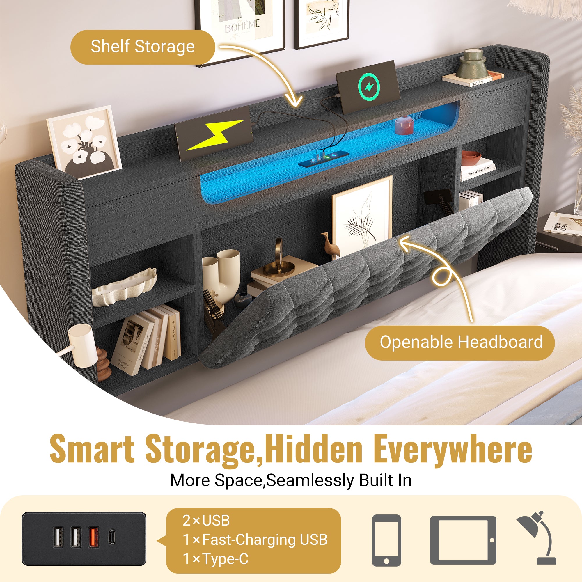 4ft6 Double Bed with Hydraulic Storage, Upholstered Bed Frame with LED Lighting & Charging Station, Storage Headboard for Cellphones & Tablets, 135 x 190 cm, Linen, Grey (No Mattress)