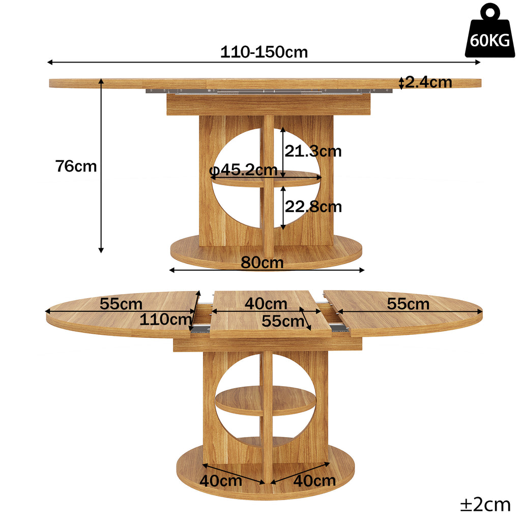 Extendable dining table, dining room table, kitchen table, balcony table, round dining table, extendable to oval, 110-150 cm, seats up to 8 people, dark brown