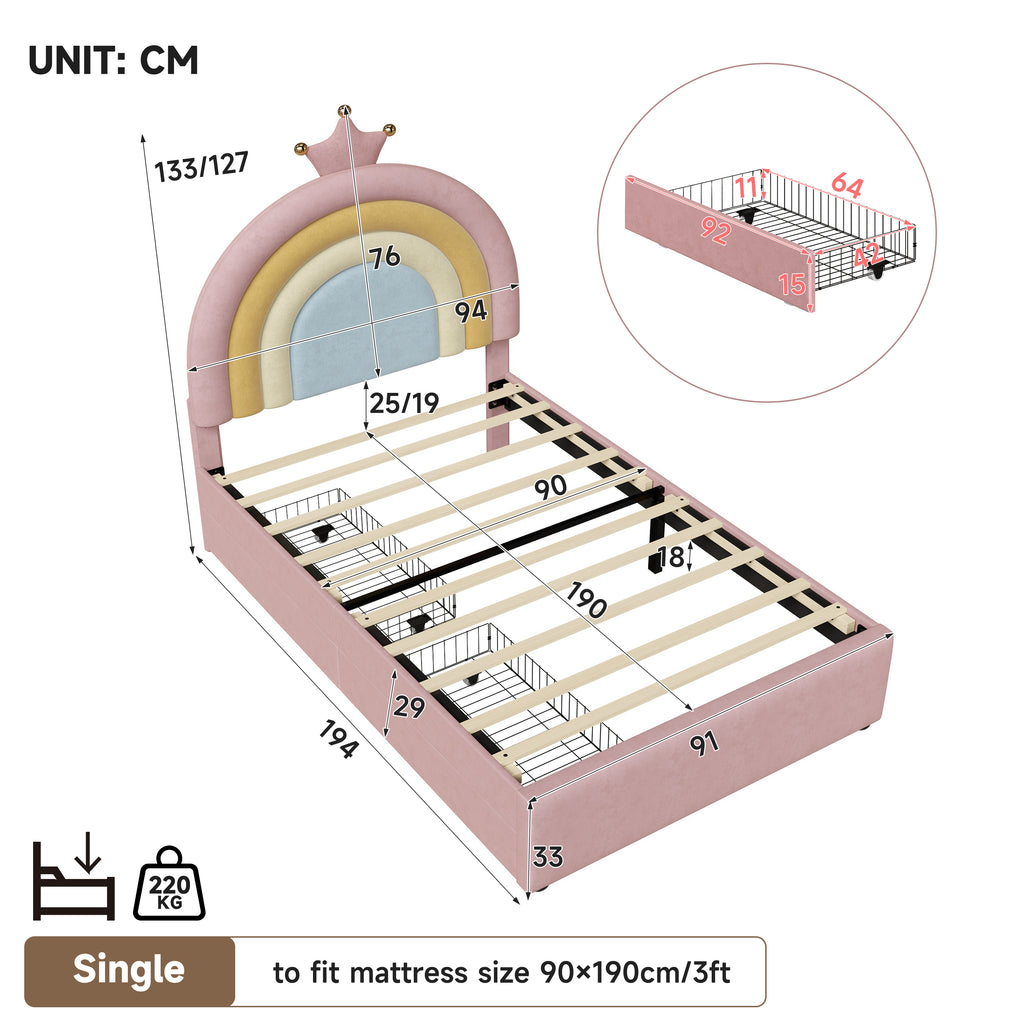 3ft Single Upholstered Bed with Adjustable Rainbow Crown Headboard, Soft Velvet Bed Frame with Flexible Storage Drawers, No Box Spring Needed, Pink (No Mattress)