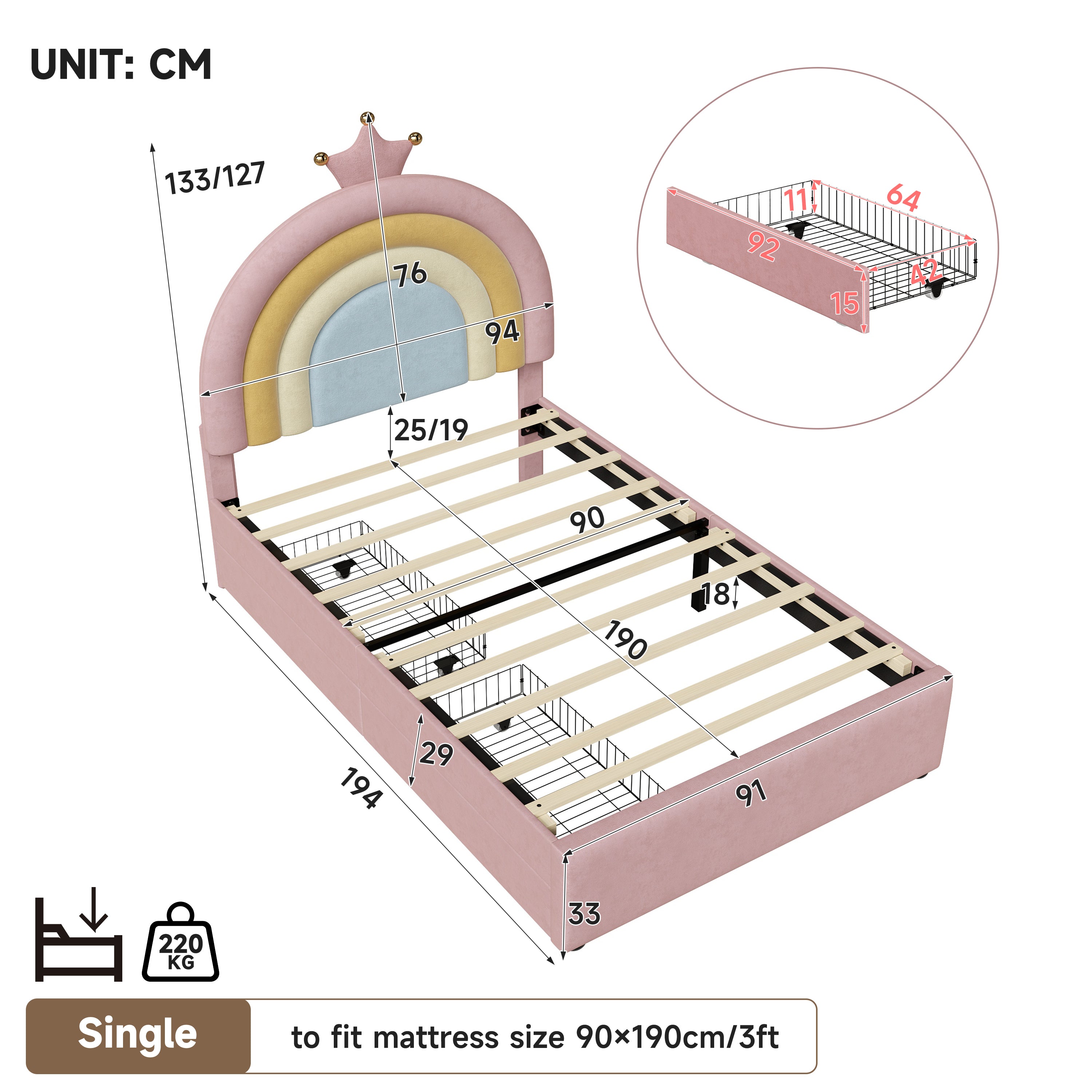 3ft Single Upholstered Bed with Adjustable Rainbow Crown Headboard, Soft Velvet Bed Frame with Flexible Storage Drawers, No Box Spring Needed, Pink (No Mattress)