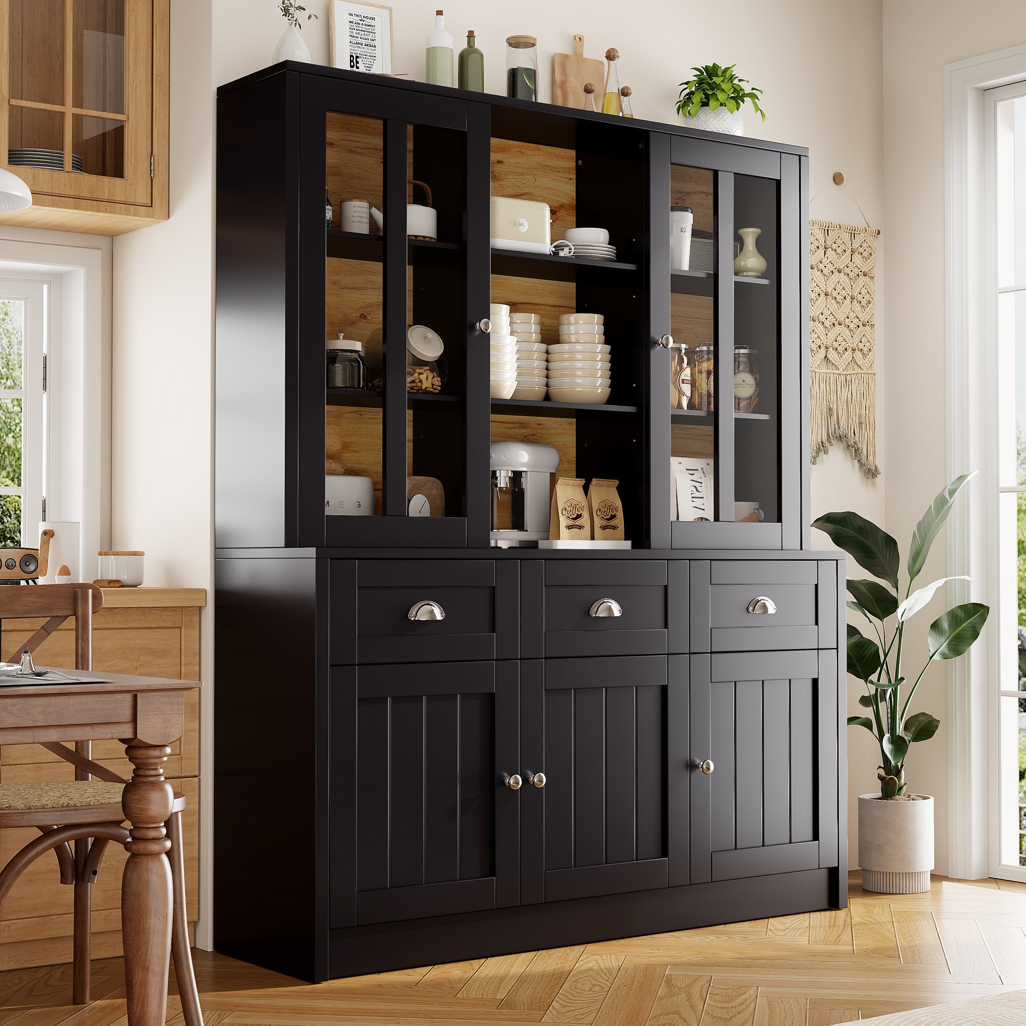 Tall Cabinets for Living Room (140×38.5×175cm), Display Cabinet, Kitchen Cabinet, Dining Room Cabinet with Drawers, Modern Minimalist Tall Cabinet, Freestanding Display Cabinet, Black