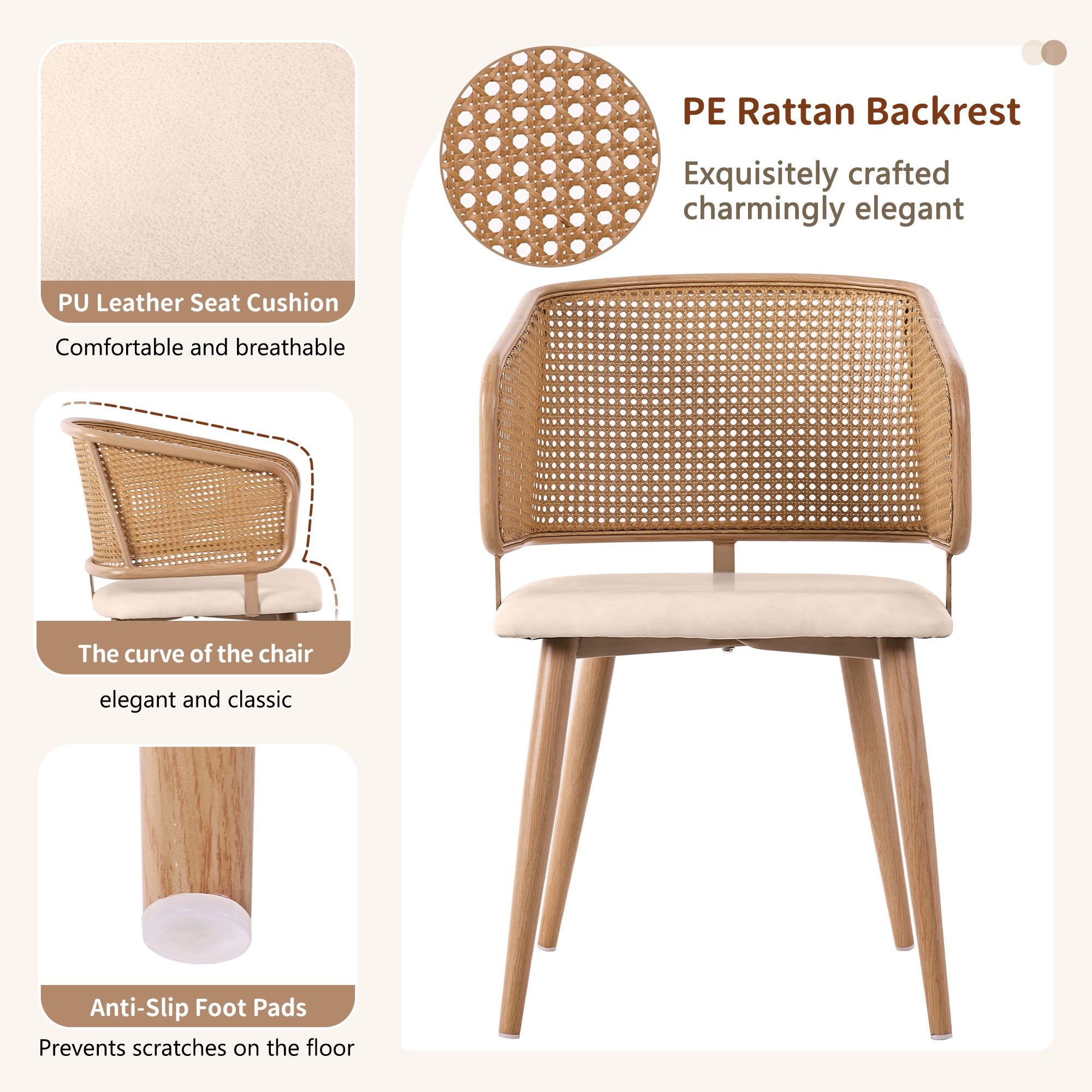 Modern Dining Chairs (4 pcs) with Rattan Backrest & PU Leather Seat, Breathable and Comfortable Dining Chairs for Restaurant, Living Room, Café , Contemporary Simple Style, Beige
