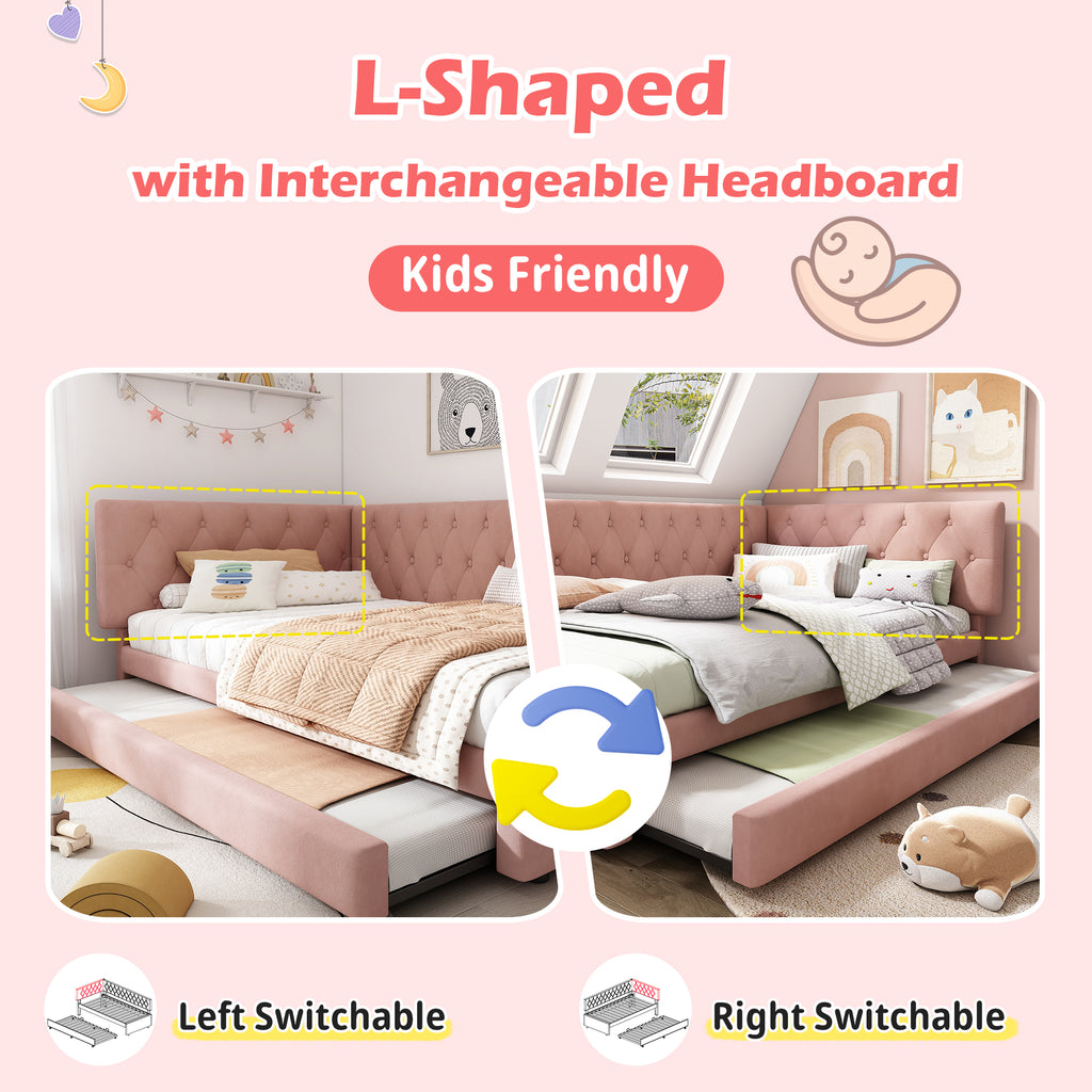 Upholstered Bed Daybed with Pull-Out Bed, 3FT Single Sofa Bed 90 x 190 cm, Ottoman Bed Trundle Beds for Adults and Kids, Bed with Slatted Frame, Velvet, Pink (No Mattress)