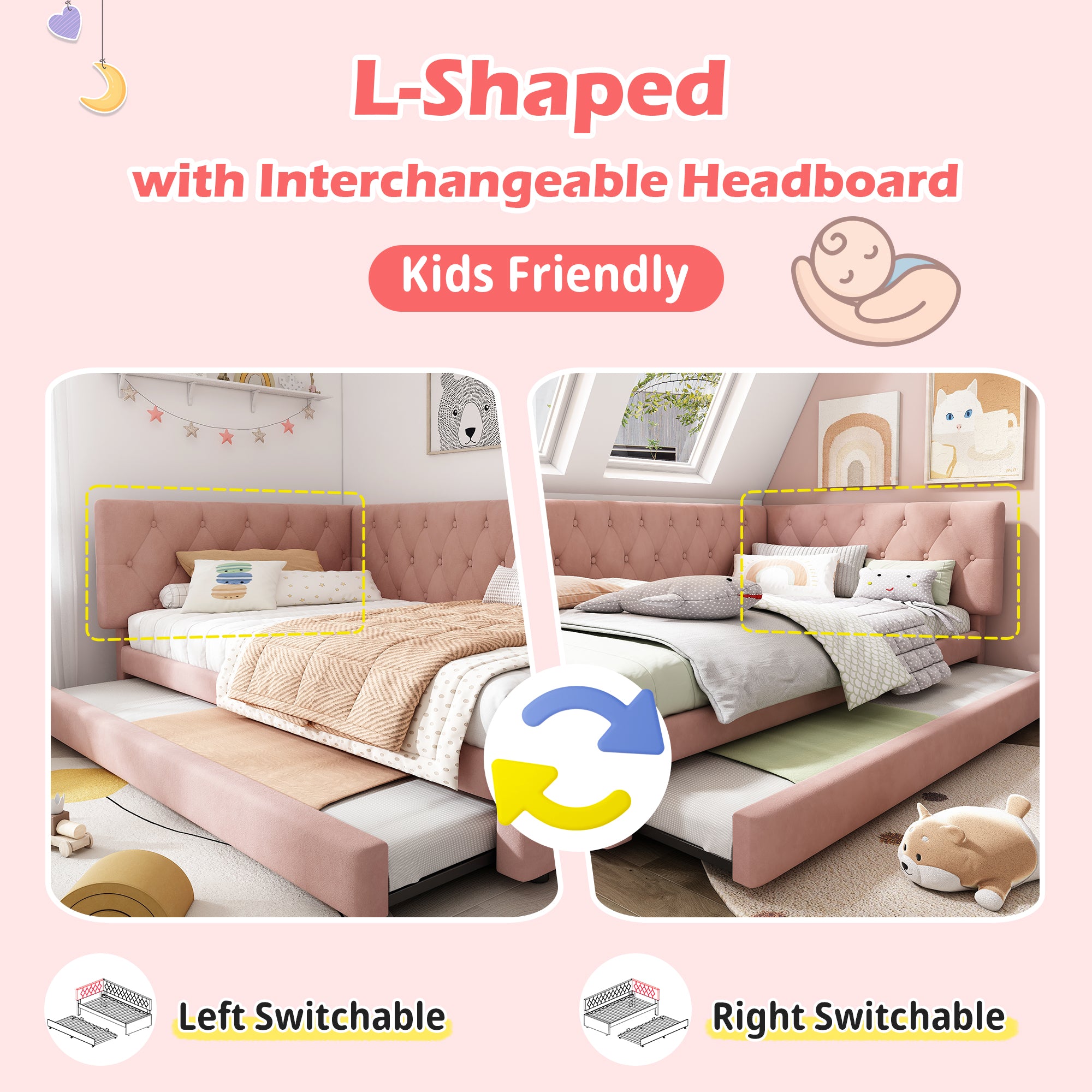 Upholstered Bed Daybed with Pull-Out Bed, 3FT Single Sofa Bed 90 x 190 cm, Ottoman Bed Trundle Beds for Adults and Kids, Bed with Slatted Frame, Velvet, Pink (No Mattress)