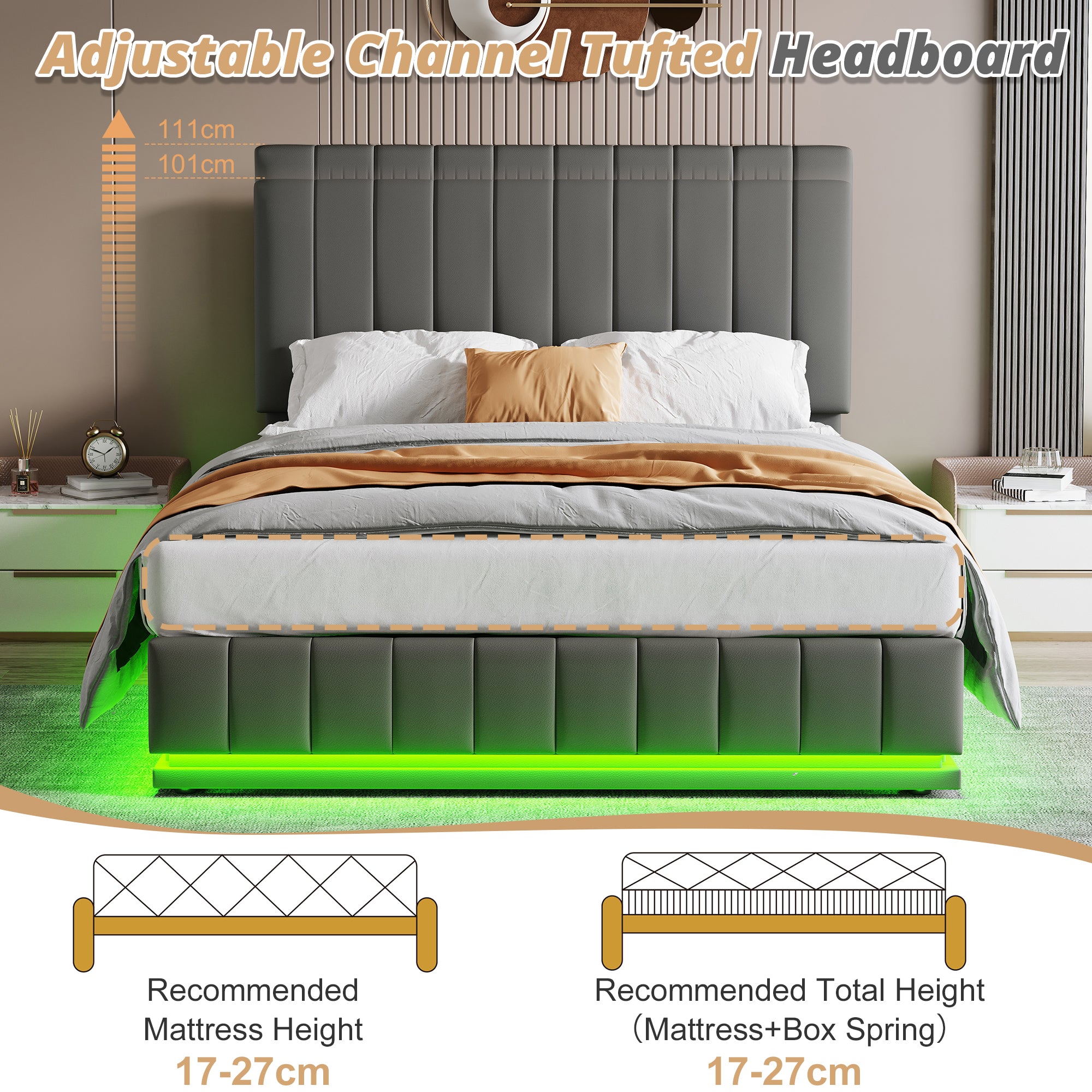 Ottoman Double Bed with LED Lighting, PU Leather Upholstered Bed with Hydraulic Storage, 4ft6 Double Bed Frame with Adjustable Channel Tufted Headboard, No Box Spring Needed, Grey (No Mattress)