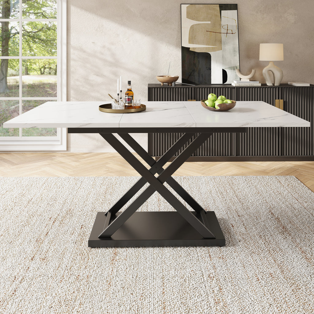 Telescopic dining table (120-160×80 cm), extendable dining table, space-saving kitchen table, black crossed iron legs, for kitchen and living room, white marble dining table