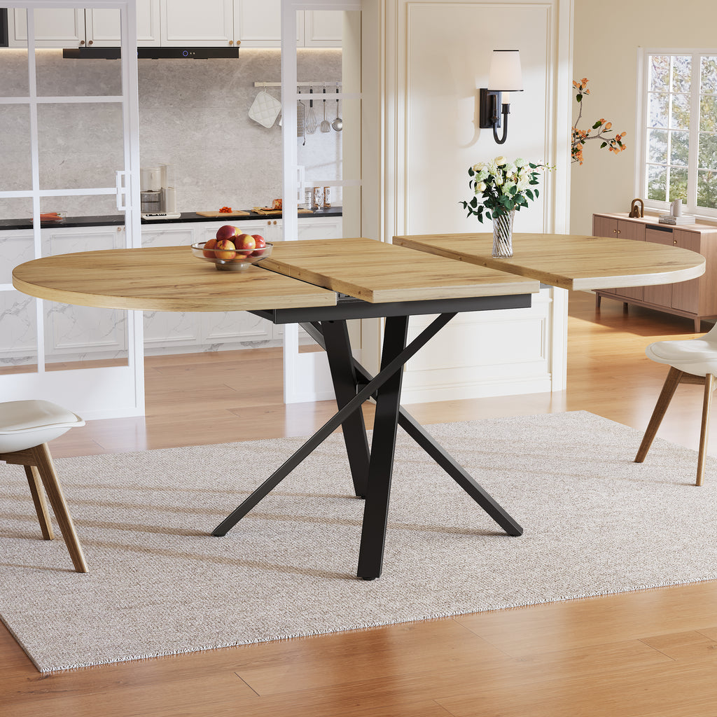 Extendable dining table 100-140cm, round-oval table, stable X-metal frame, adjustable feet, wood look
