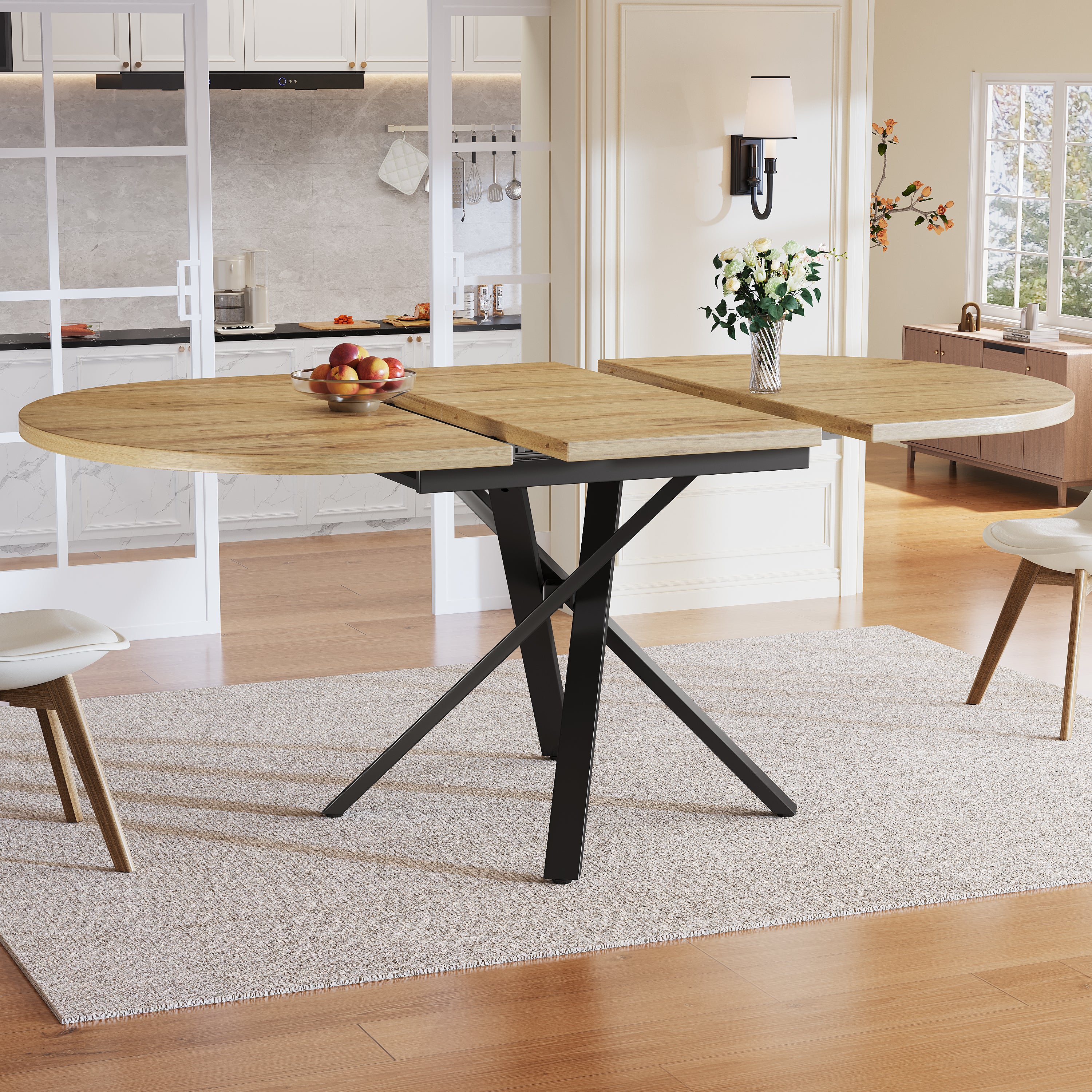 Extendable dining table 100-140cm, round-oval table, stable X-metal frame, adjustable feet, wood look