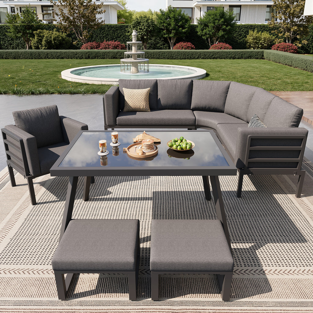 Crescent-shaped garden sofa set for 8 people / Sturdy iron frame with grey cushions / Complete with glass table, 1 armchair & 2 stools / Weatherproof patio furniture for balcony