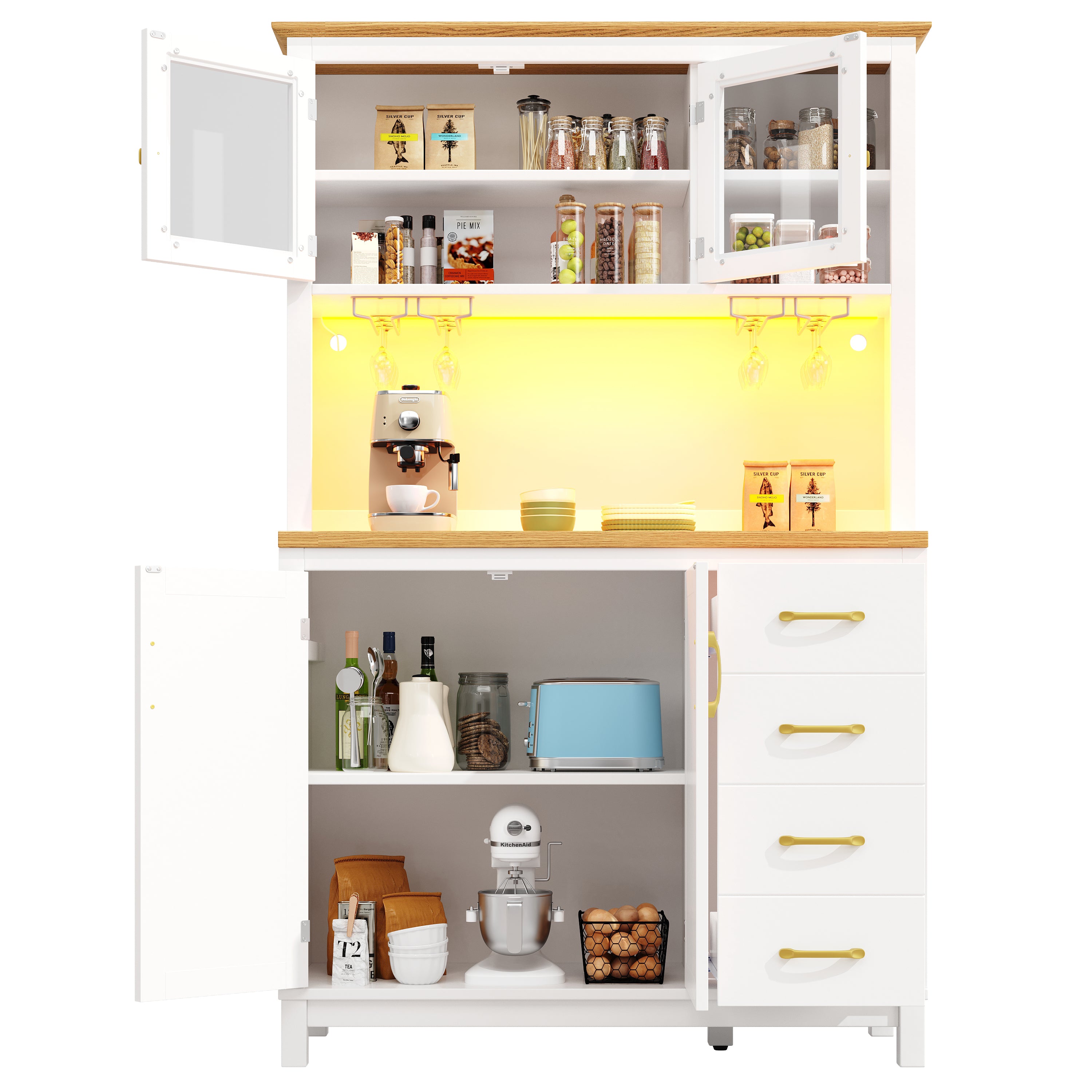 Sideboard / Storage Cabinet / Kitchen Cabinet / Buffet Cabinet, 105.5x40x180cm, Farmhouse Style, 4 Doors, with LED Light Strip & Drink Holders, White