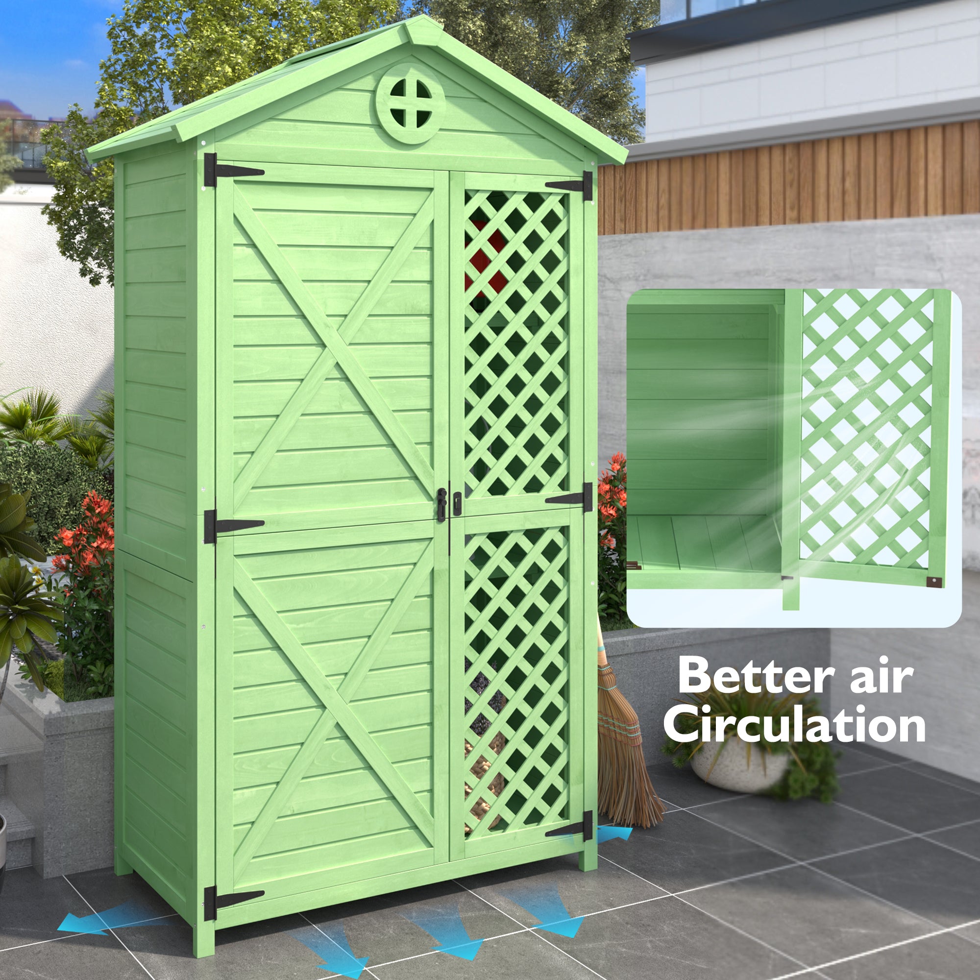 Outdoor Wood Garden Furniture Storage Shed, Tool House with Ventilation Slots for Backyard, Patio, Fade Free, All Weather Resistant, Safe and Secure, Zero Maintenance, Green
