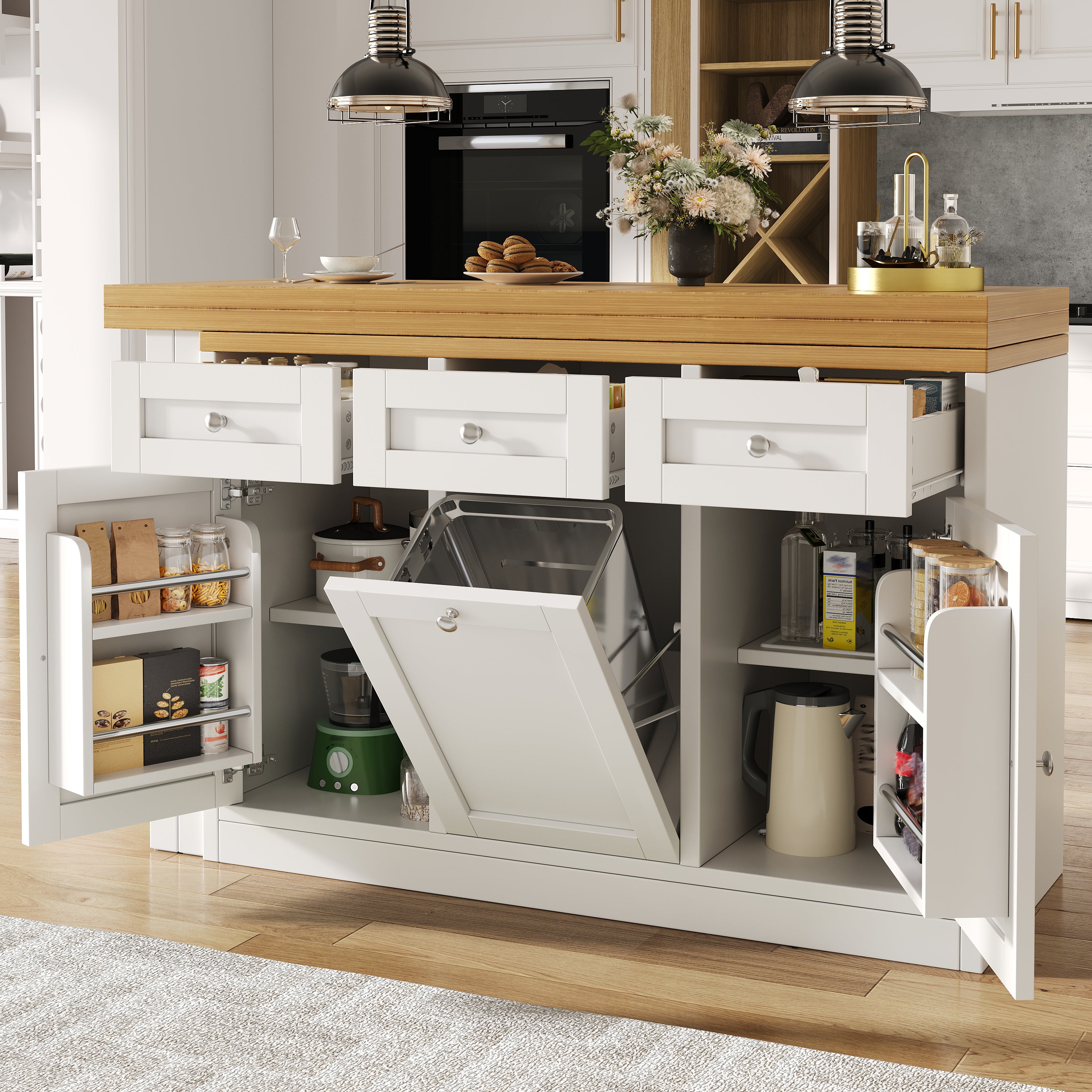 Extendable bar table with storage space, fold-out dining table with drawer and snack tray, pull-out bin holder (bin not included), space-saving design for small flats, kitchens, balconies,
White