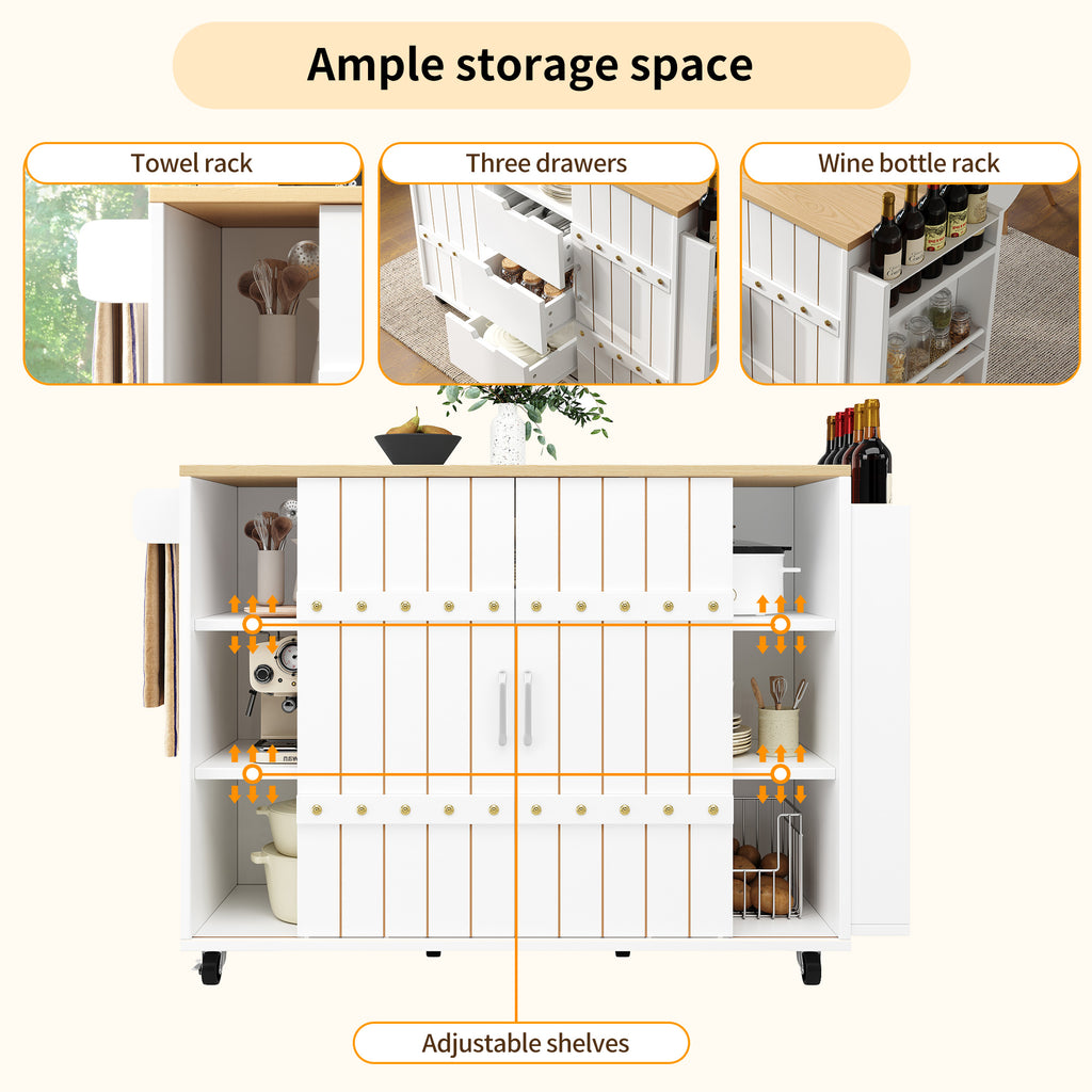 Kitchen cabinet, serving trolley with wood grain finish, kitchen trolley with castors and worktop, with spice rack and towel rail, kitchen island with sliding doors and drawers, white