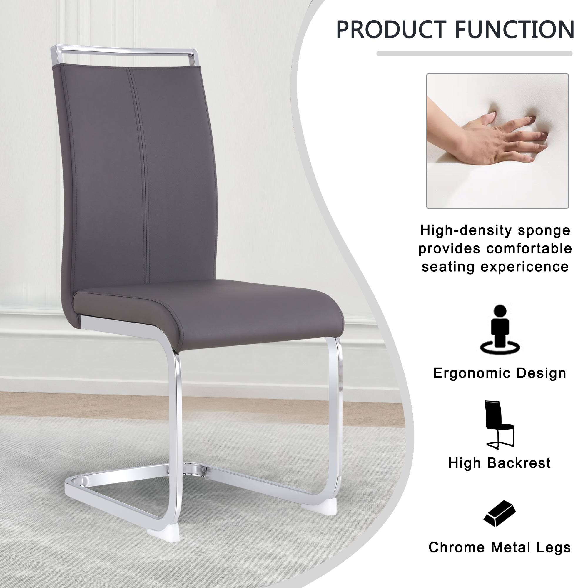 Cantilever chair, chrome-plated metal frame, can hold up to 120 kg, softly padded with imitation leather cover, gray (set, 4 pieces)