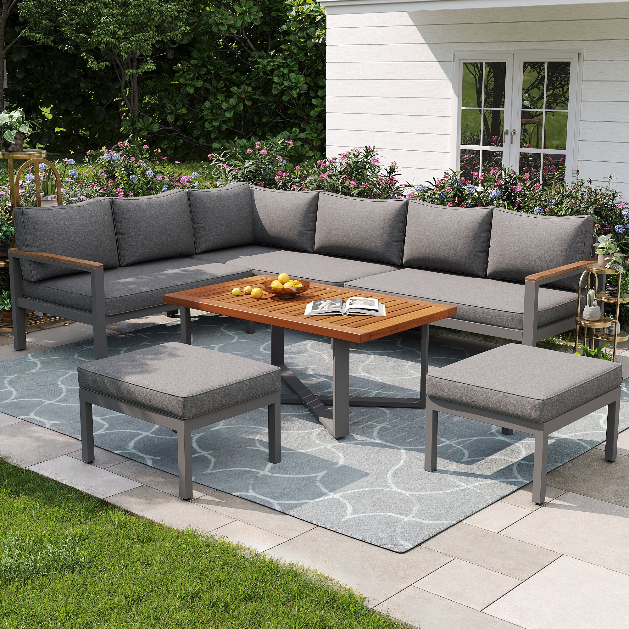 Outdoor Patio&Backyard Furniture Garden Lounge Set for 7-8 people, Thick Quality Space Saving L-Shaped Corner Sofa with Wooden Coffee Table and 2 Stool Table Box, Grey
