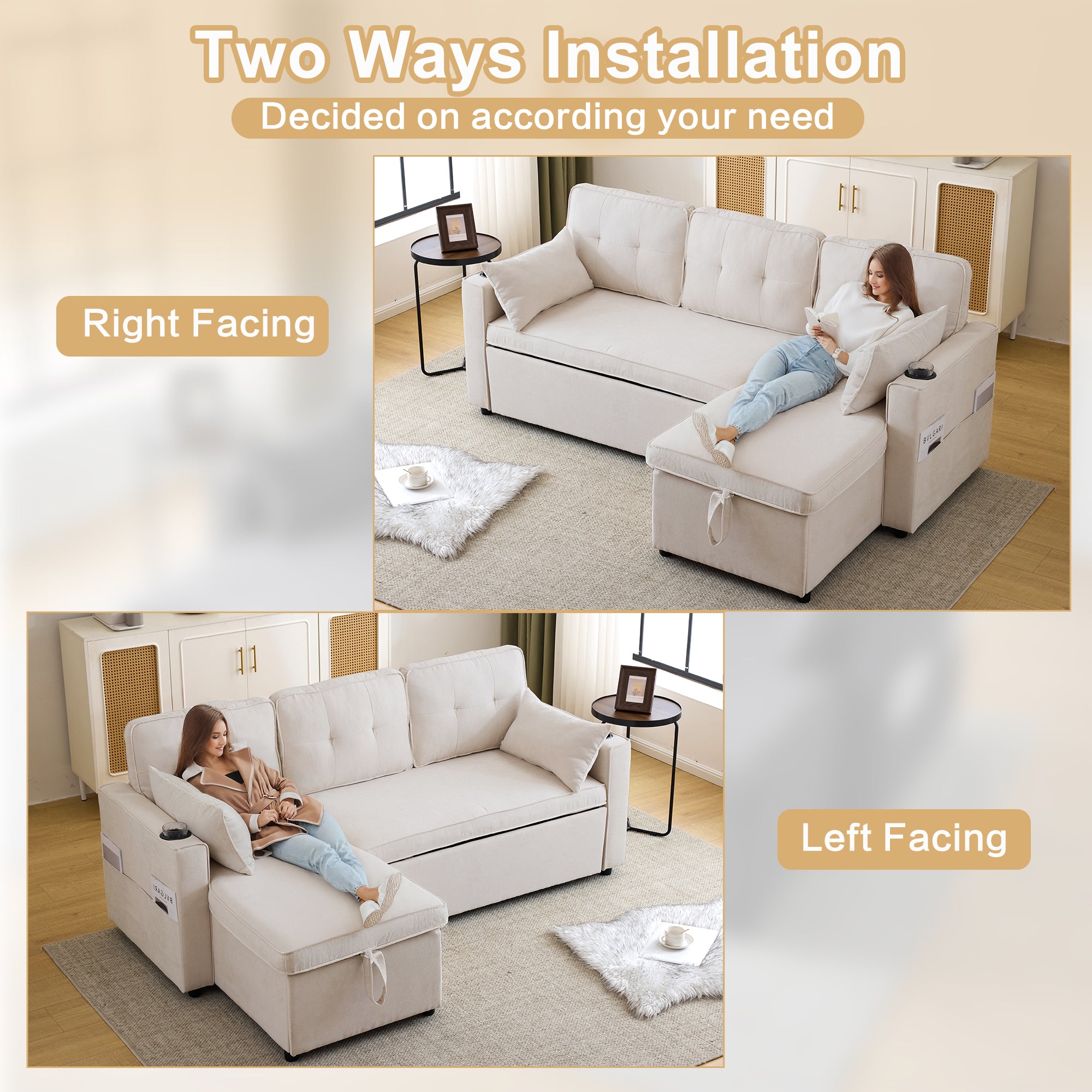 3-in-1 Convertible Sofa Bed with Internal Storage Chaise, L Shaped Sleeper Sofa Couches with Cup Holders, Pillows and Storage Pocket. Pullout Sectional Daybed for Living Room/Bedroom/Office, Beige