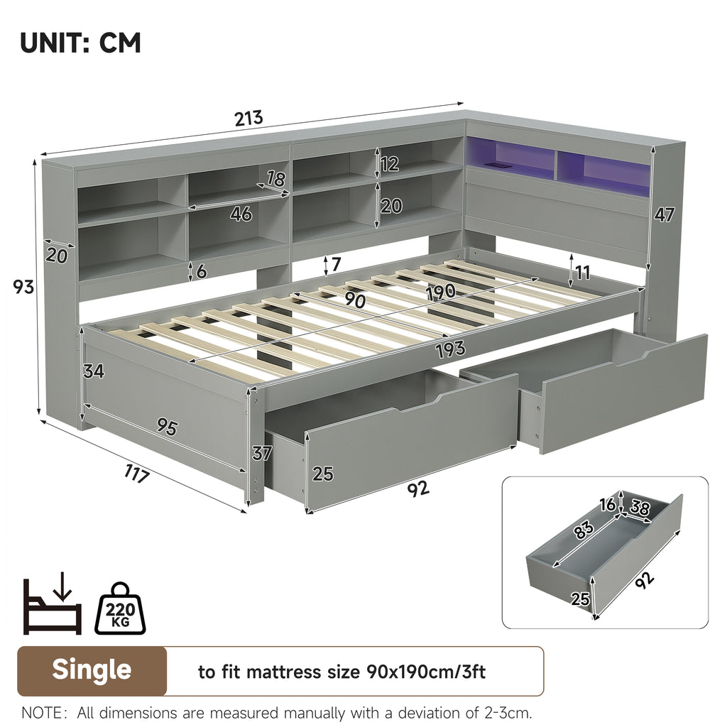 3ft Single Daybed with Two Storage Drawers and Beside Storage, LED Modern Bed frame with Charging Station, Wood Bed for Living Room/ Bedroom/ Study Room, 90X190cm, Easy Assembly, Grey (No Mattress)