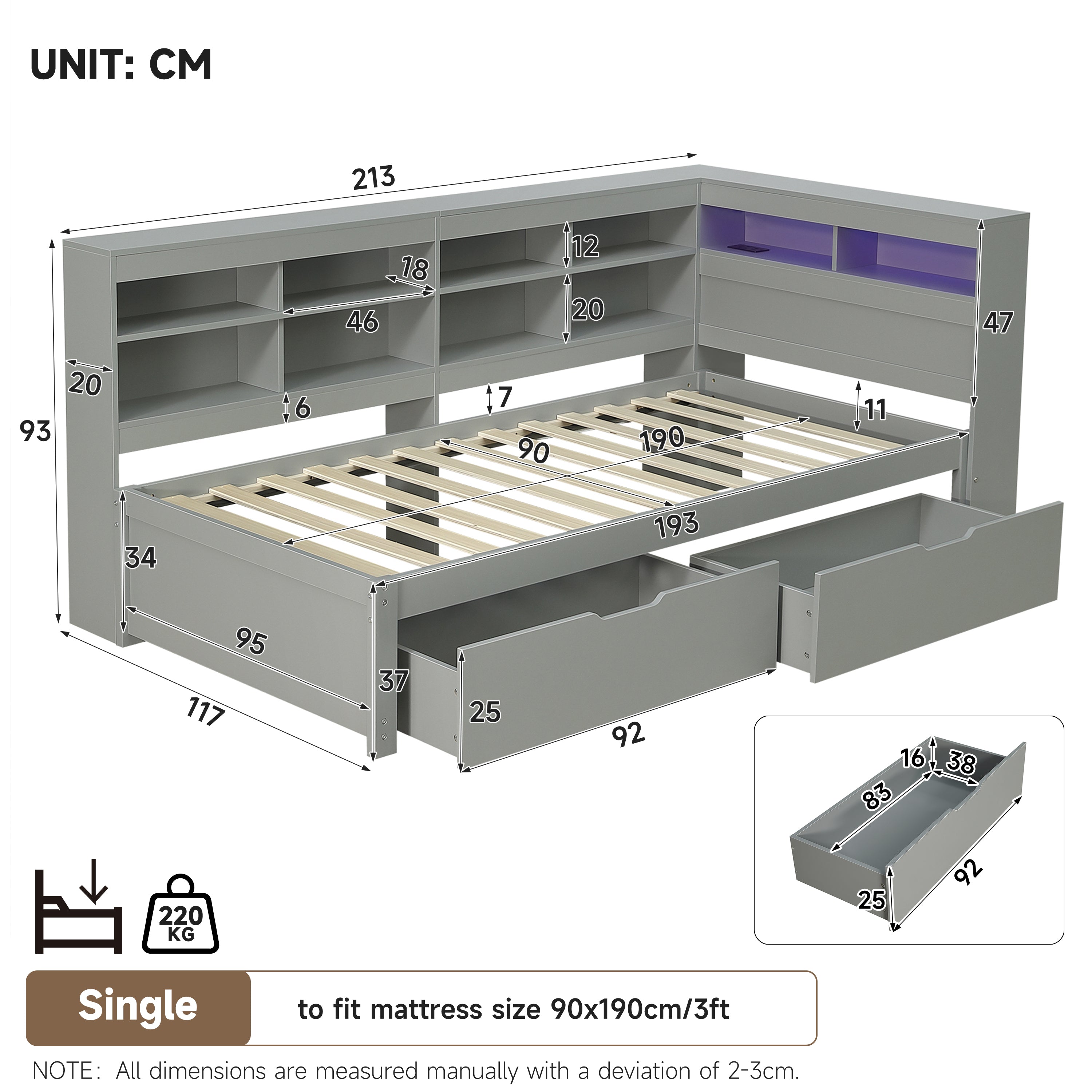 3ft Single Daybed with Two Storage Drawers and Beside Storage, LED Modern Bed frame with Charging Station, Wood Bed for Living Room/ Bedroom/ Study Room, 90X190cm, Easy Assembly, Grey (No Mattress)