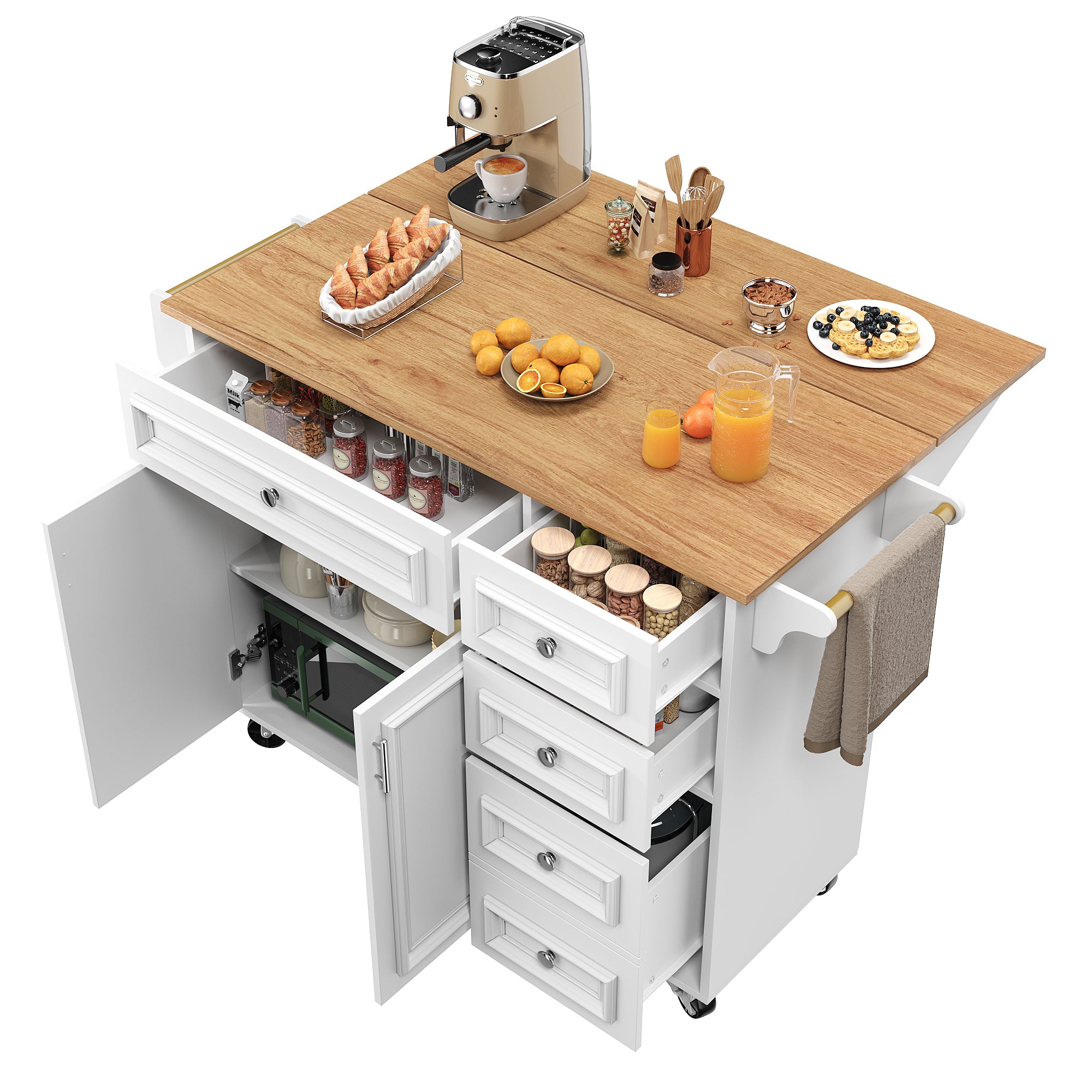 Kitchen island (110×45-75×92cm), removable serving trolley buffet cabinet, dining trolley with vintage pattern, buffet cabinet, multifunctional dining table with storage space, White