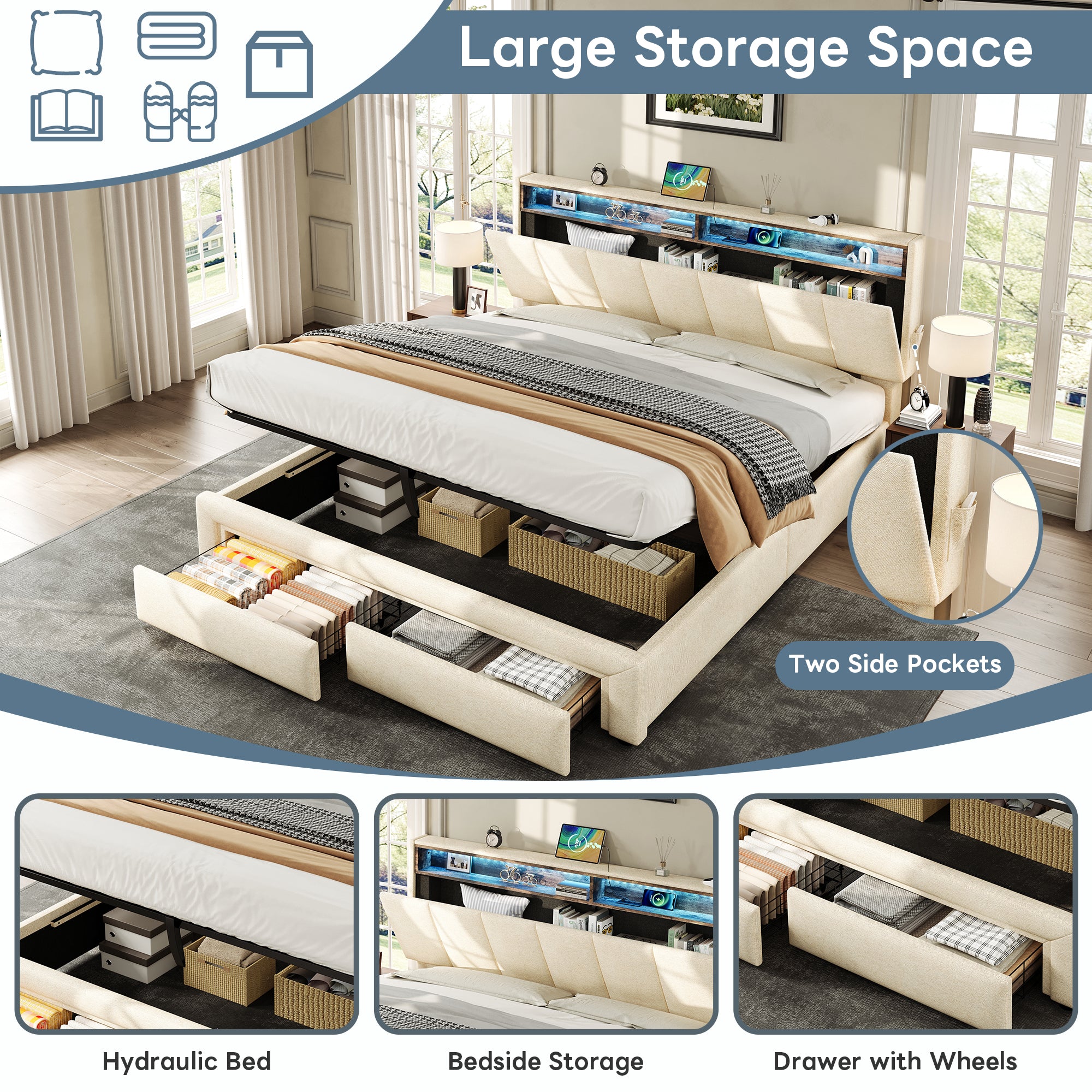 5ft King Upholstered Bed Frame with Hydraulic and Drawers Storage, LED Adjustable Headboard with Charging Station and Concealed Headboard Storage, Linen, No Box Spring Needed, Beige (No Mattress)