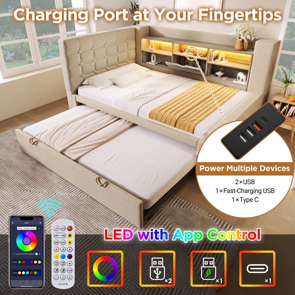 Daybed Upholstered Bed 90 x 190 cm, 3FT Single Sofa Bed with Storage, USB &Type C Charging Station, Pull out Trundle for Living Room and Bedroom, Linen, Beige (No Mattress)