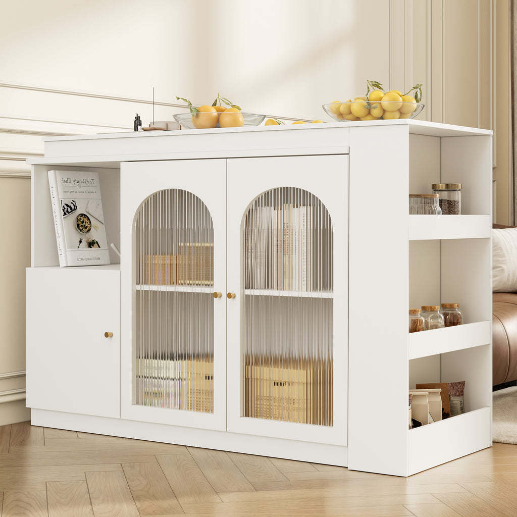360° rotating bar table (main body 120 x 40 x 97 cm), modern and simple white rotating dining and bar cabinet, multifunctional storage cabinet with glass door