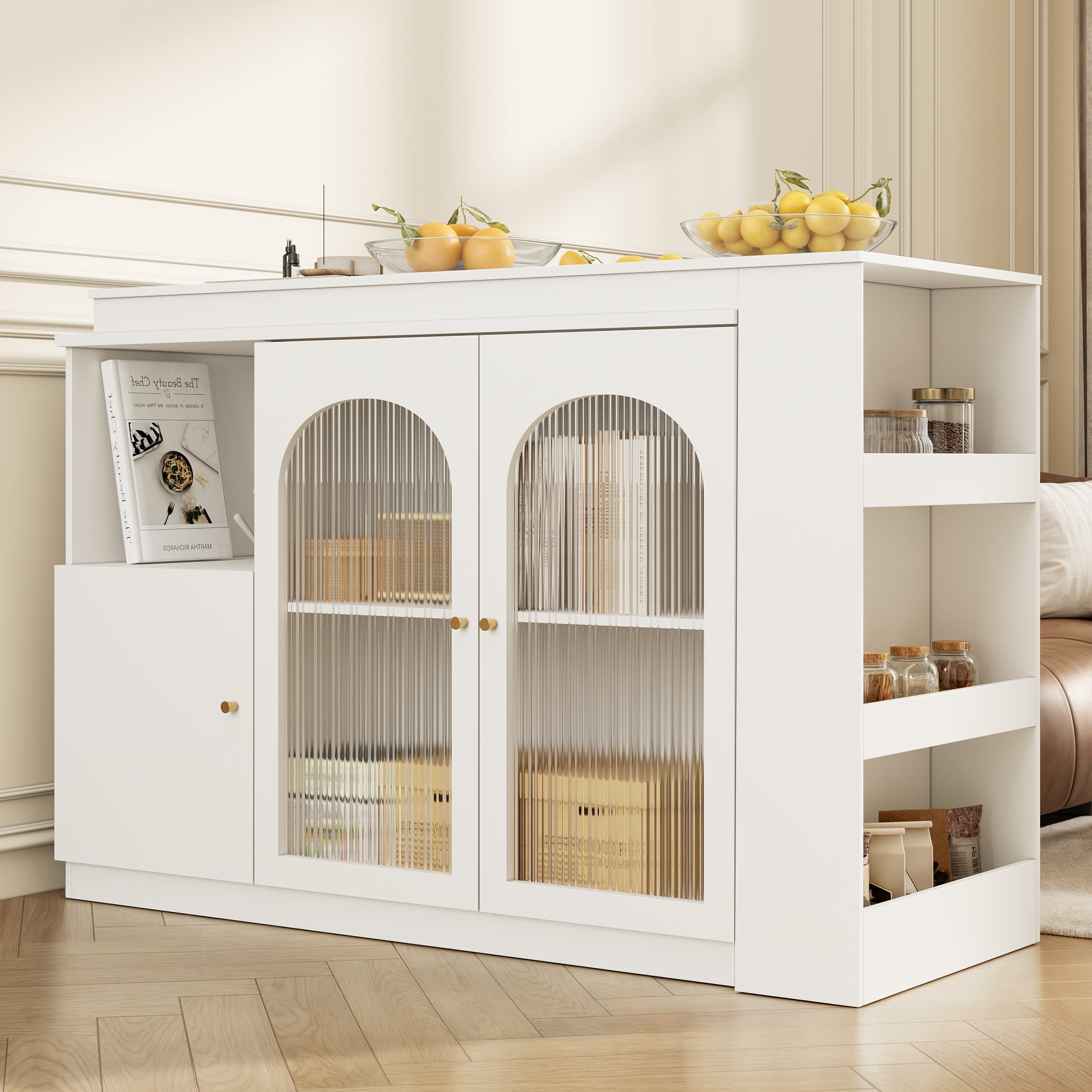 360° rotating bar table (main body 120 x 40 x 97 cm), modern and simple white rotating dining and bar cabinet, multifunctional storage cabinet with glass door