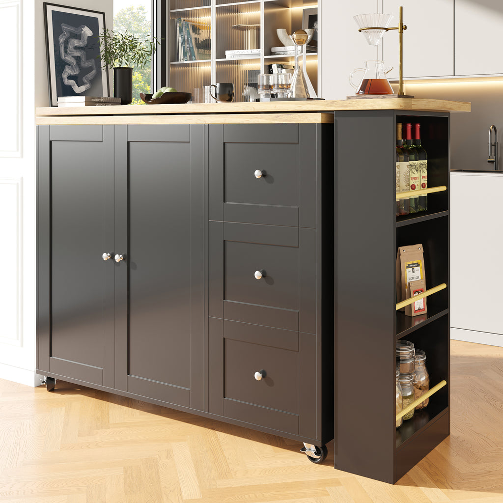 360° swivelling dining table (138-209 x 39 x 106 cm) on castors, bar table, black, with three drawers and snack rack, multifunctional storage island, suitable for kitchen and living room.