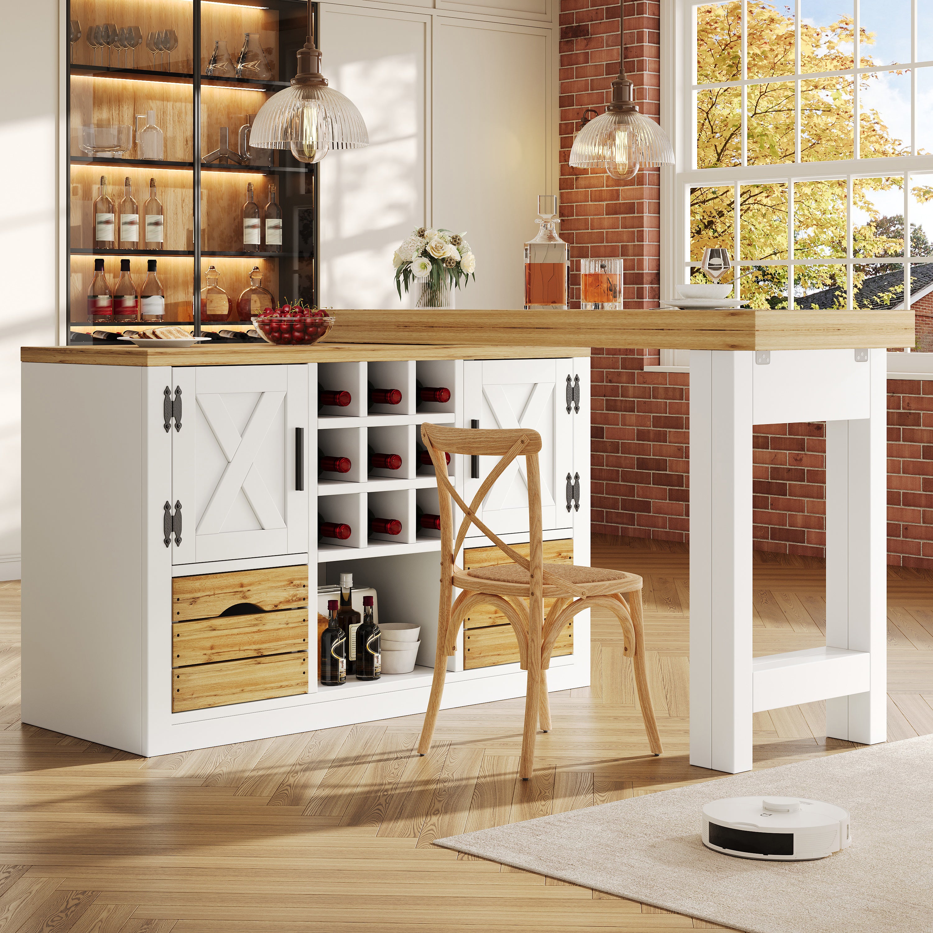 Extendable kitchen island dining table, Multifunctional dining table with sideboard, 360° rotating tabletop, extendable kitchen table with ample storage space, living room wall unit, white
