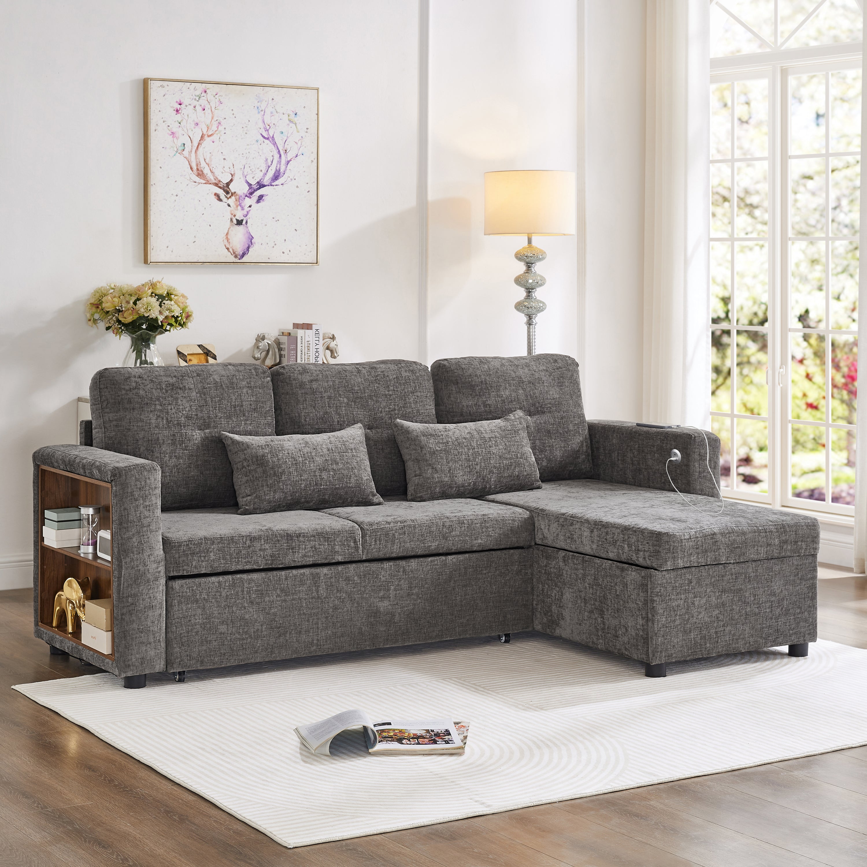 3-in-1 Convertible Chenille Sectional Sofa Bed with Convertible Storage Chaise, L-Shaped Sleeper Sofa with Integrated Charging Station and Adjustable Armrest Side Storage, USB & Type-C Ports, Grey