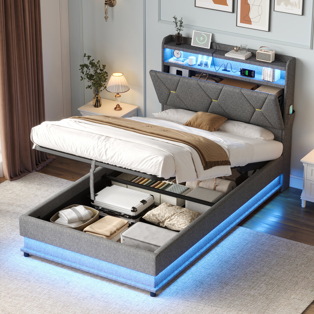 3ft Single Upholstered Bed Frame with Hydraulic Storage,  LED Headboard with Charging Station and Concealed Headboard Storage, USB and Type - C Ports, Linen, No Box Spring Needed, Grey (No Mattress)